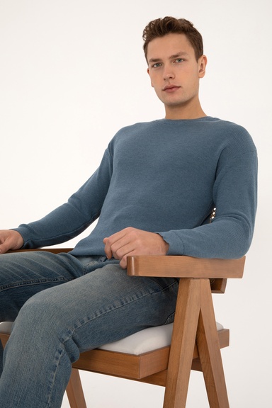 Erkek Comfort Fit Bisiklet Yaka Mavi Basic Kazak