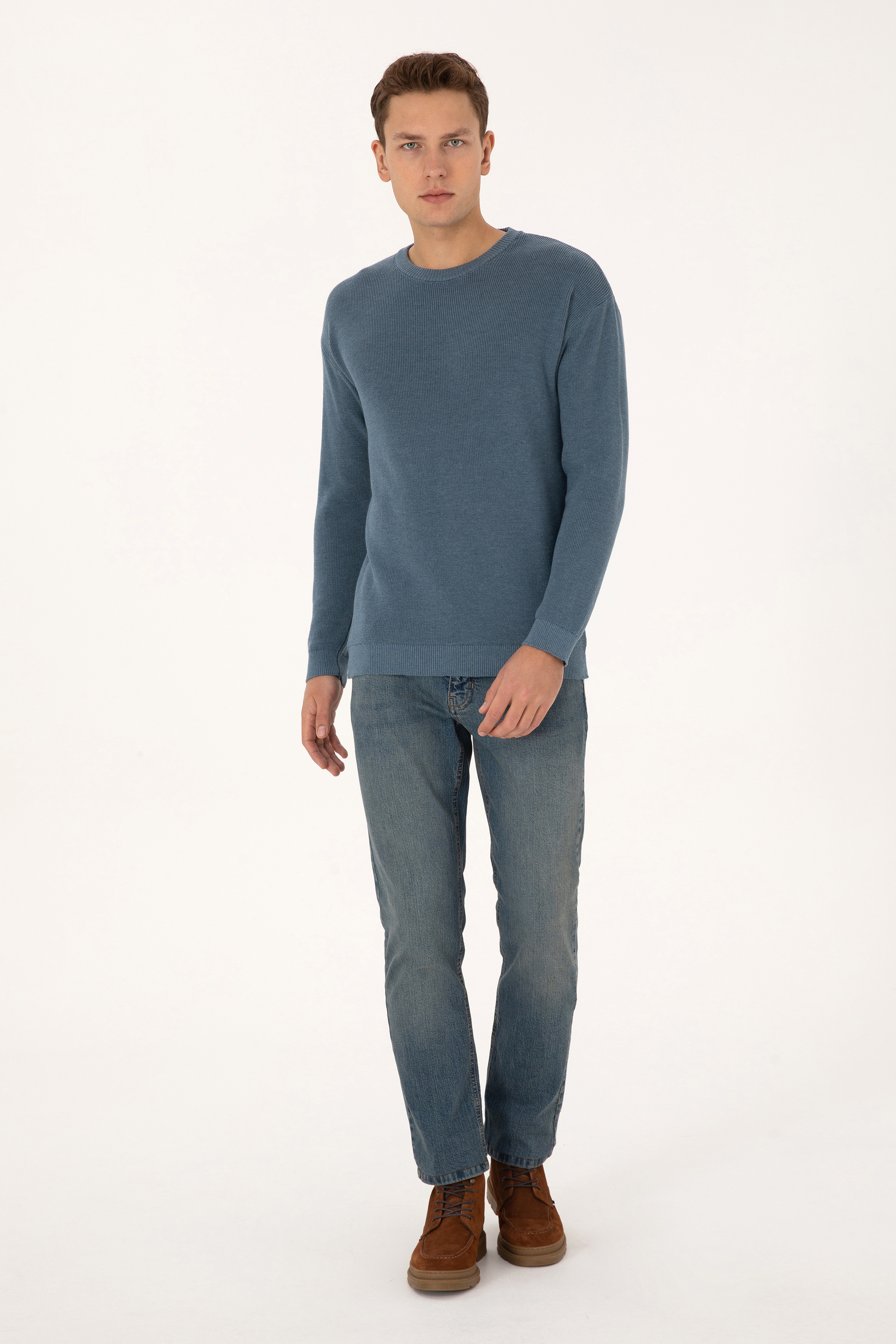 Erkek Comfort Fit Bisiklet Yaka Mavi Basic Kazak - Image 4