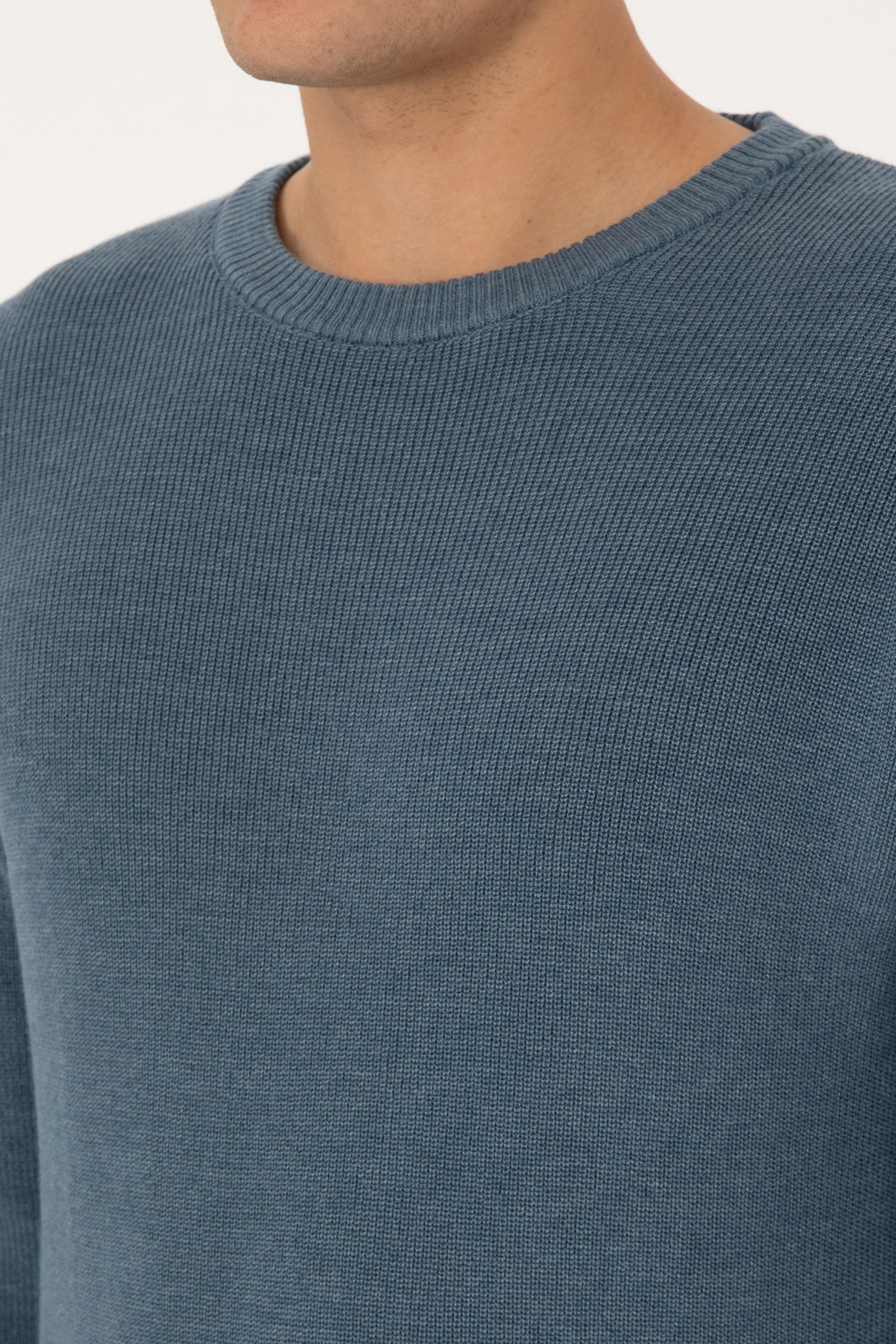 Erkek Comfort Fit Bisiklet Yaka Mavi Basic Kazak - Image 7