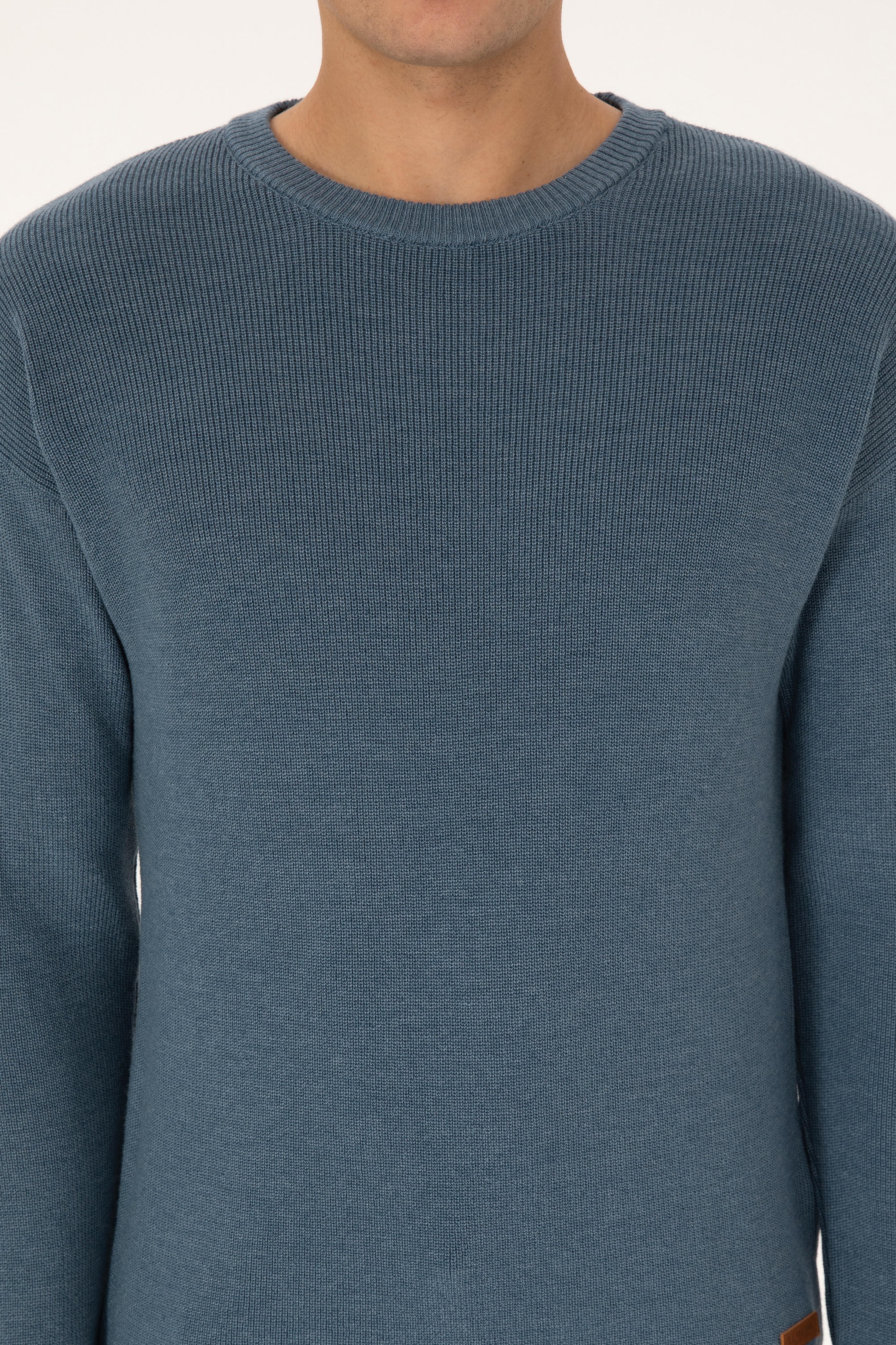 Erkek Comfort Fit Bisiklet Yaka Mavi Basic Kazak - Image 6