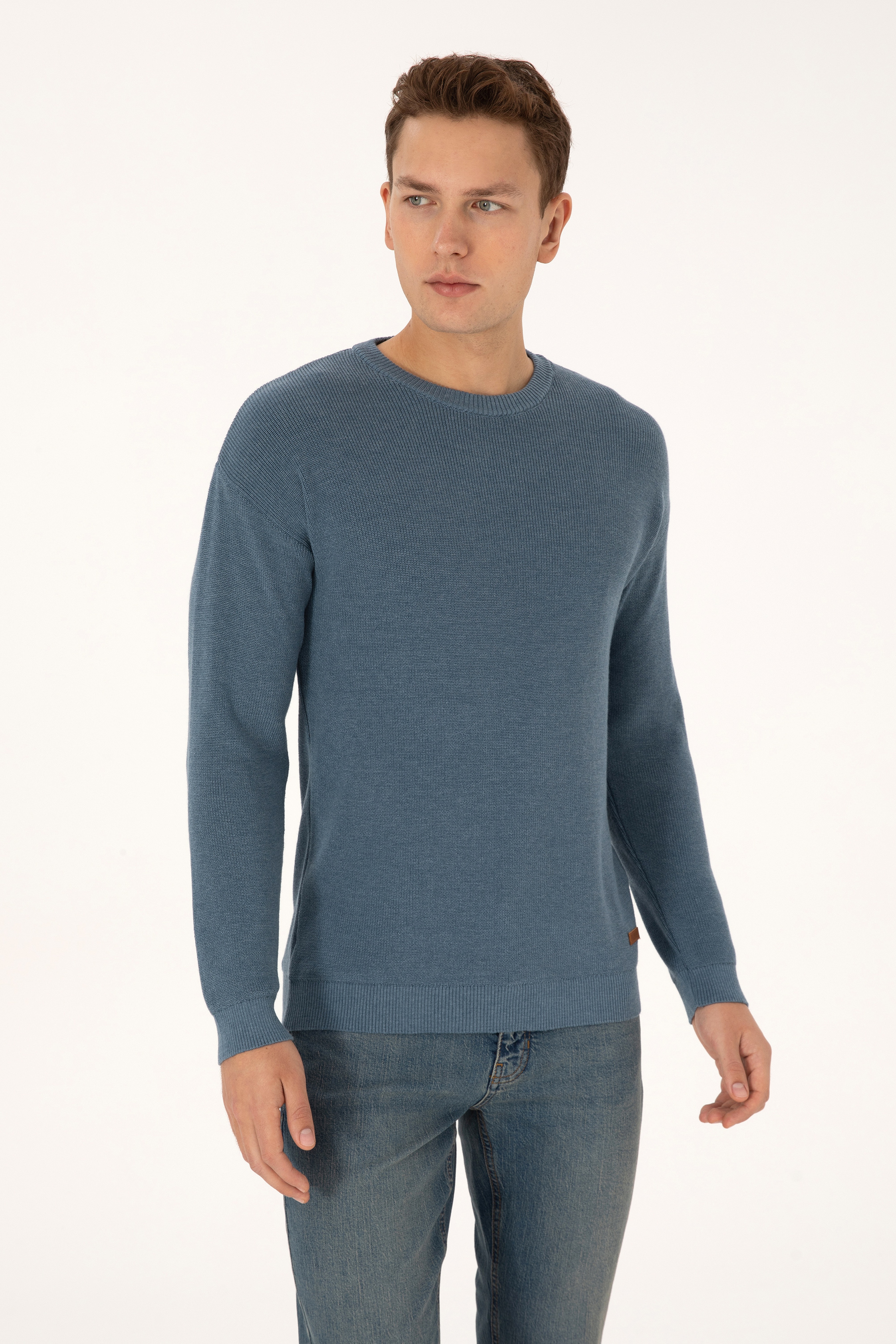 Erkek Comfort Fit Bisiklet Yaka Mavi Basic Kazak