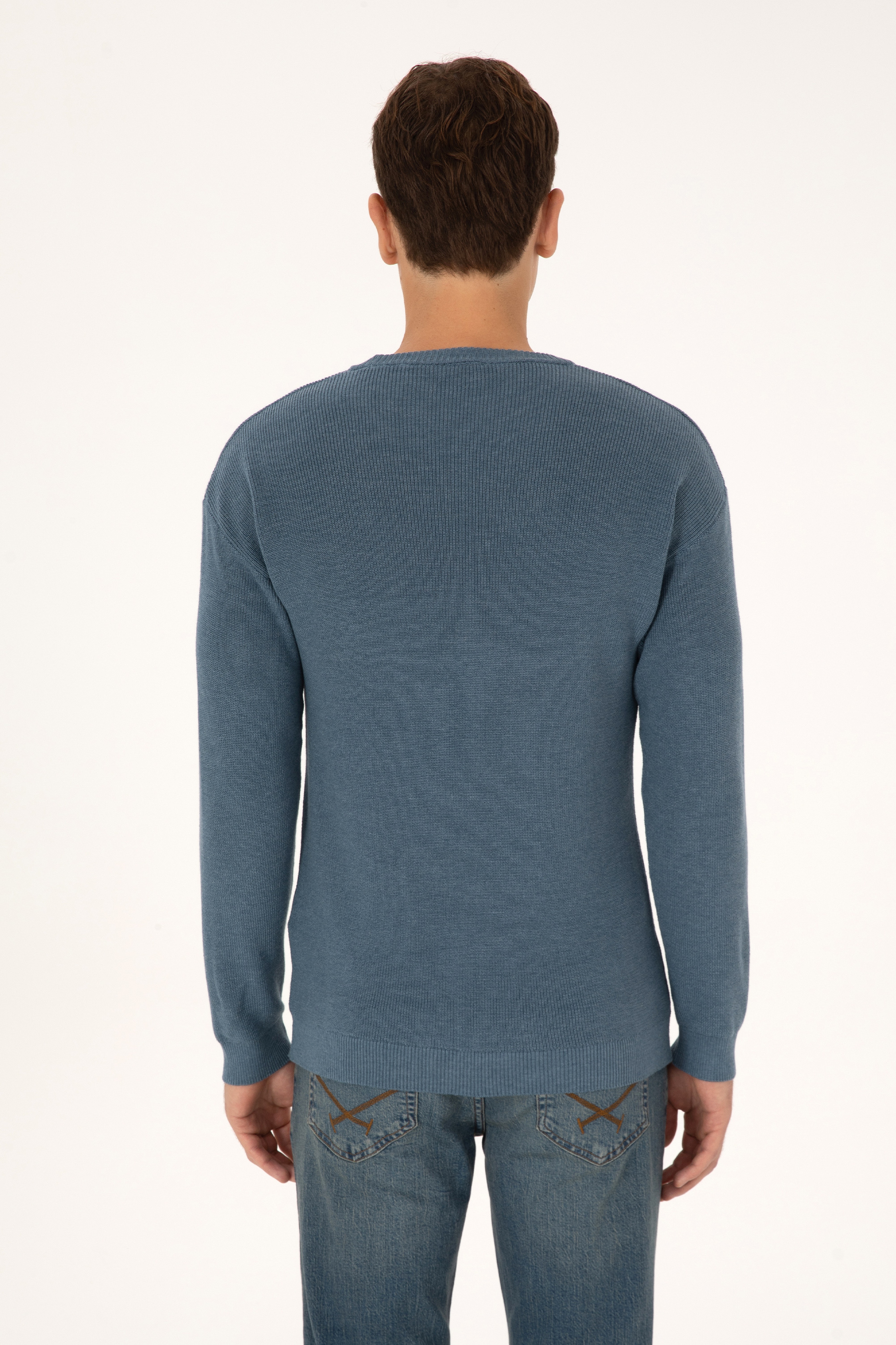 Erkek Comfort Fit Bisiklet Yaka Mavi Basic Kazak - Image 5