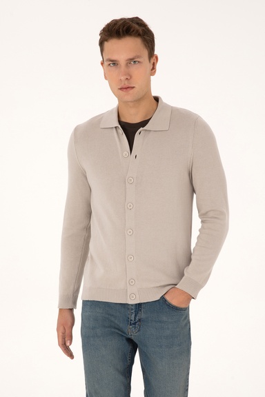 Erkek Polo Yaka Taş Basic Triko Hırka