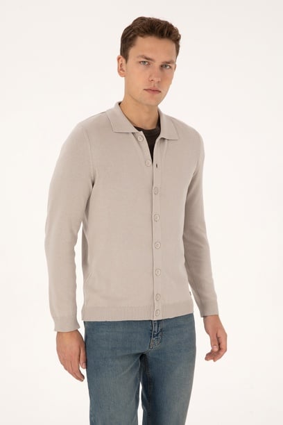 Erkek Polo Yaka Taş Basic Triko Hırka