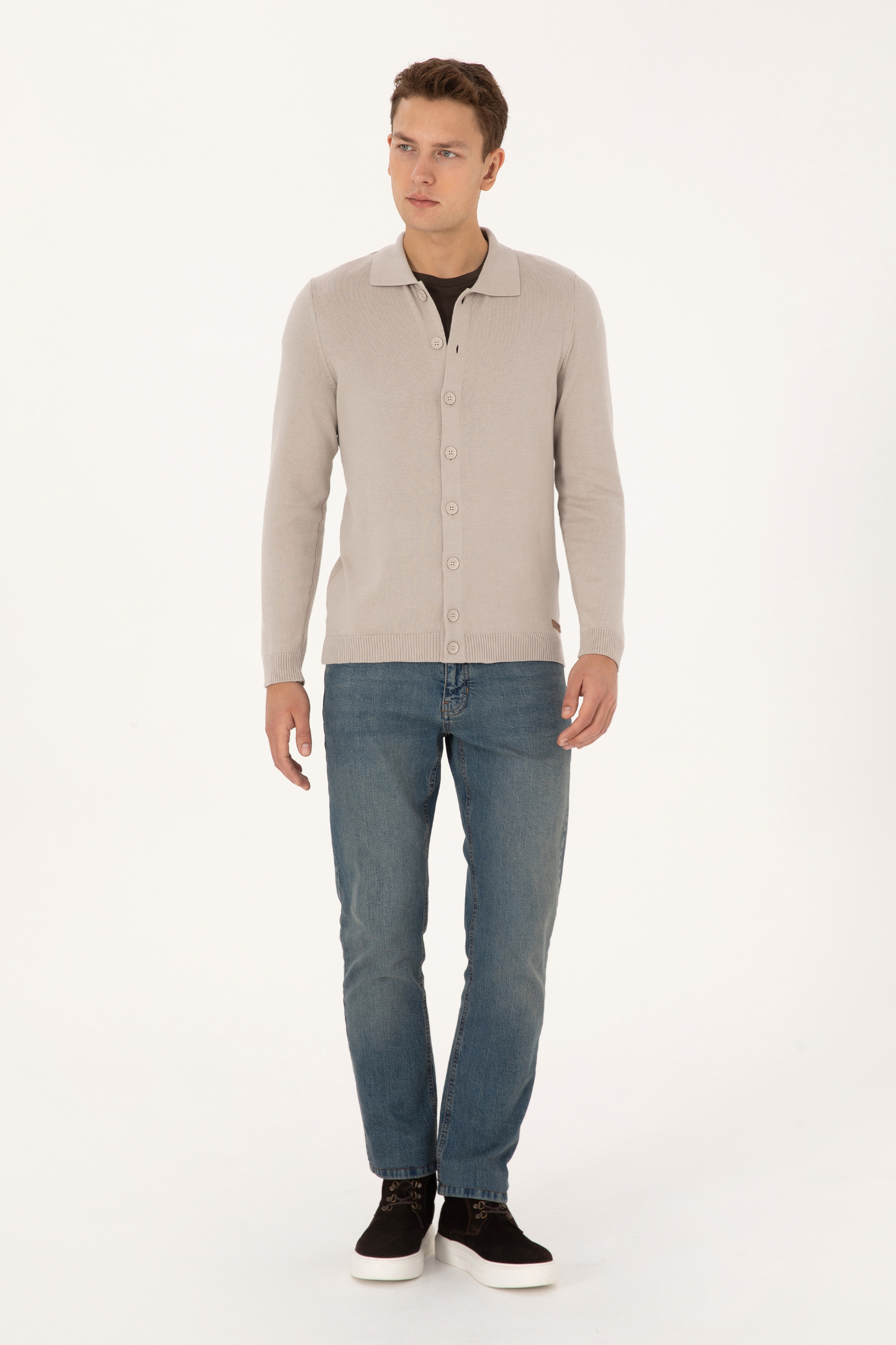 Erkek Polo Yaka Taş Basic Triko Hırka - Image 4