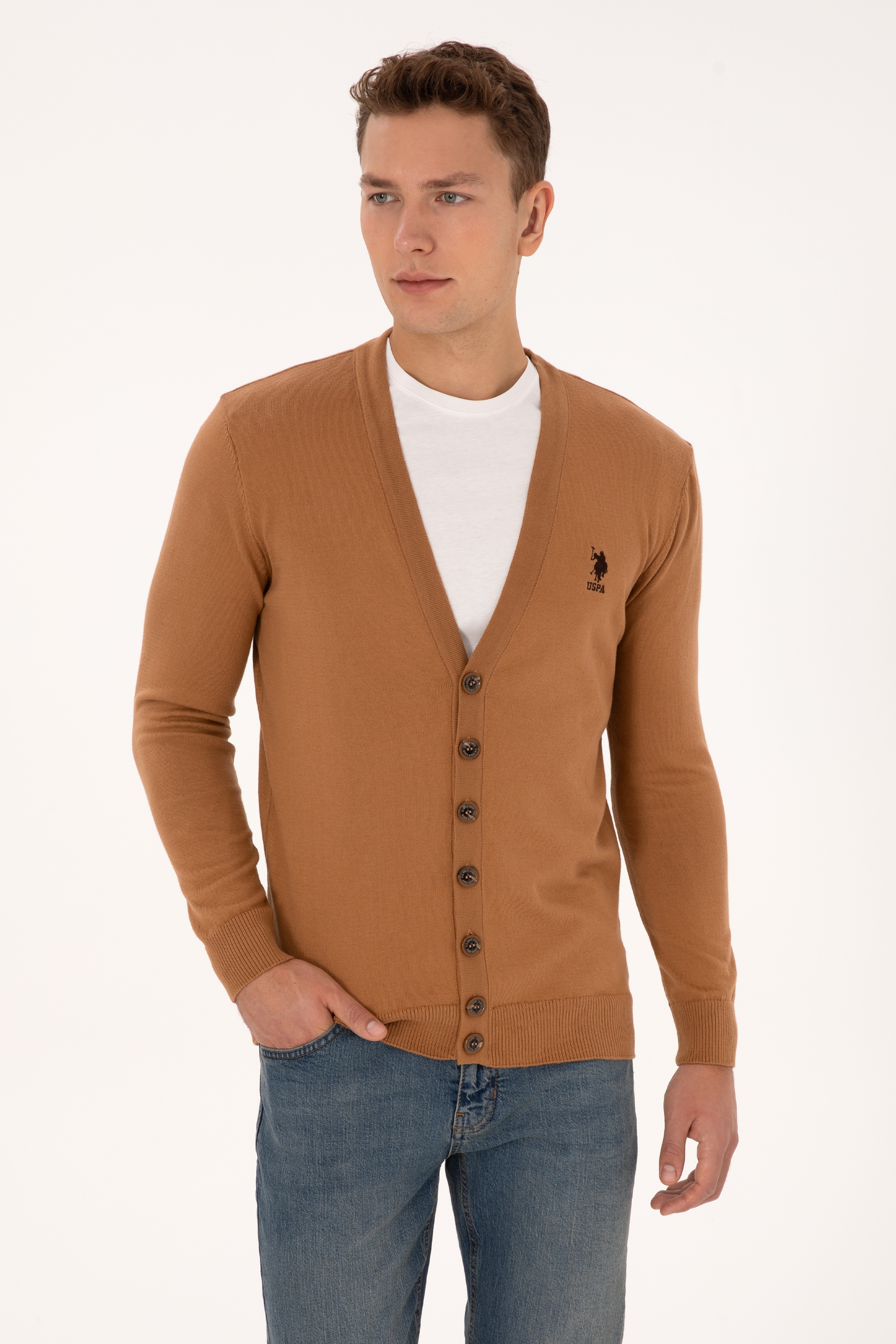 Erkek Camel Basic Triko Hırka - Image 3