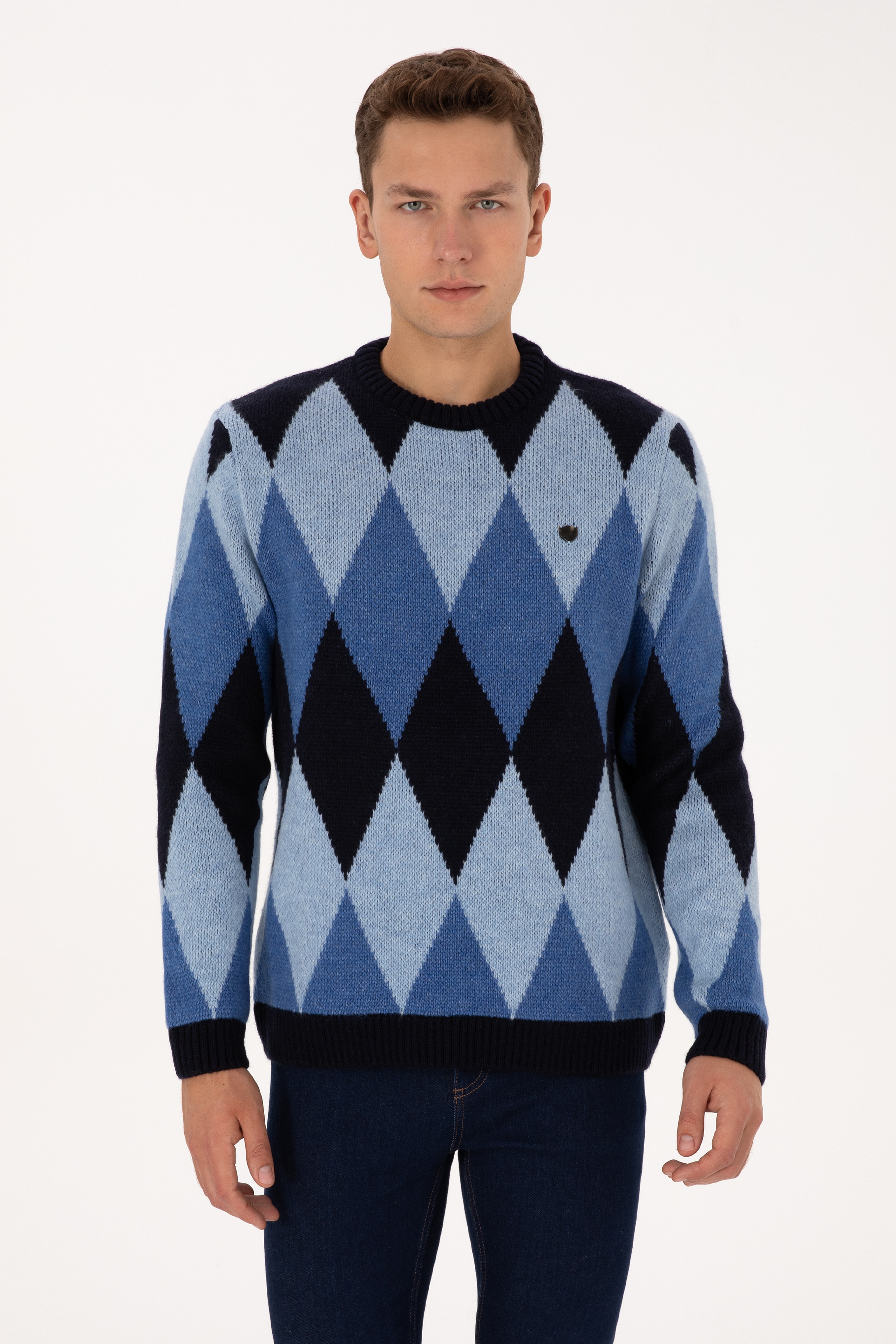 Erkek Comfort Fit Bisiklet Yaka Baklava Desenli Lacivert Kazak - Image 3