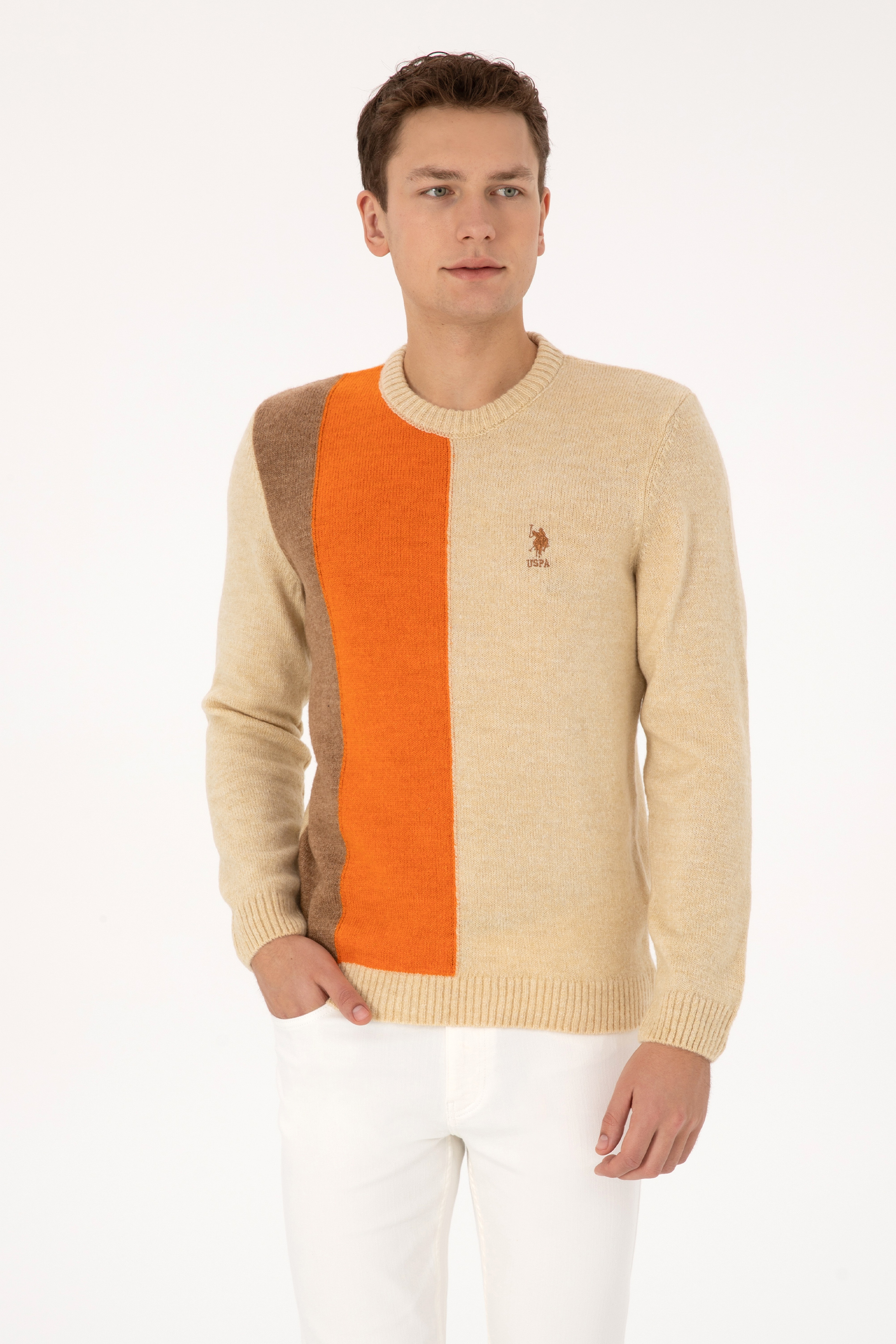 Erkek Regular Fit Bisiklet Yaka Vanilya Kazak - Image 1