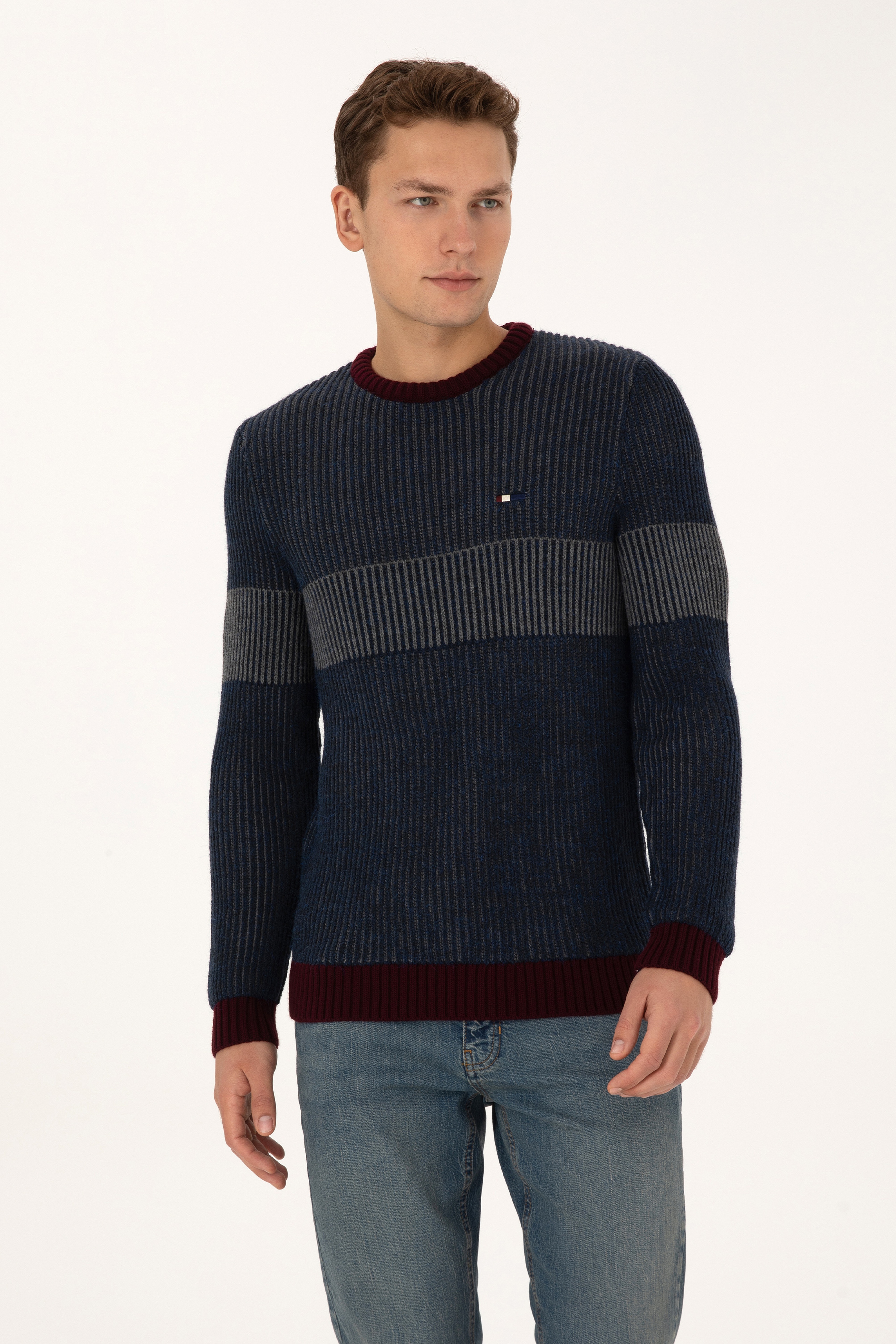 Erkek Slim Fit Bisiklet Yaka Lacivert Kazak - Image 3