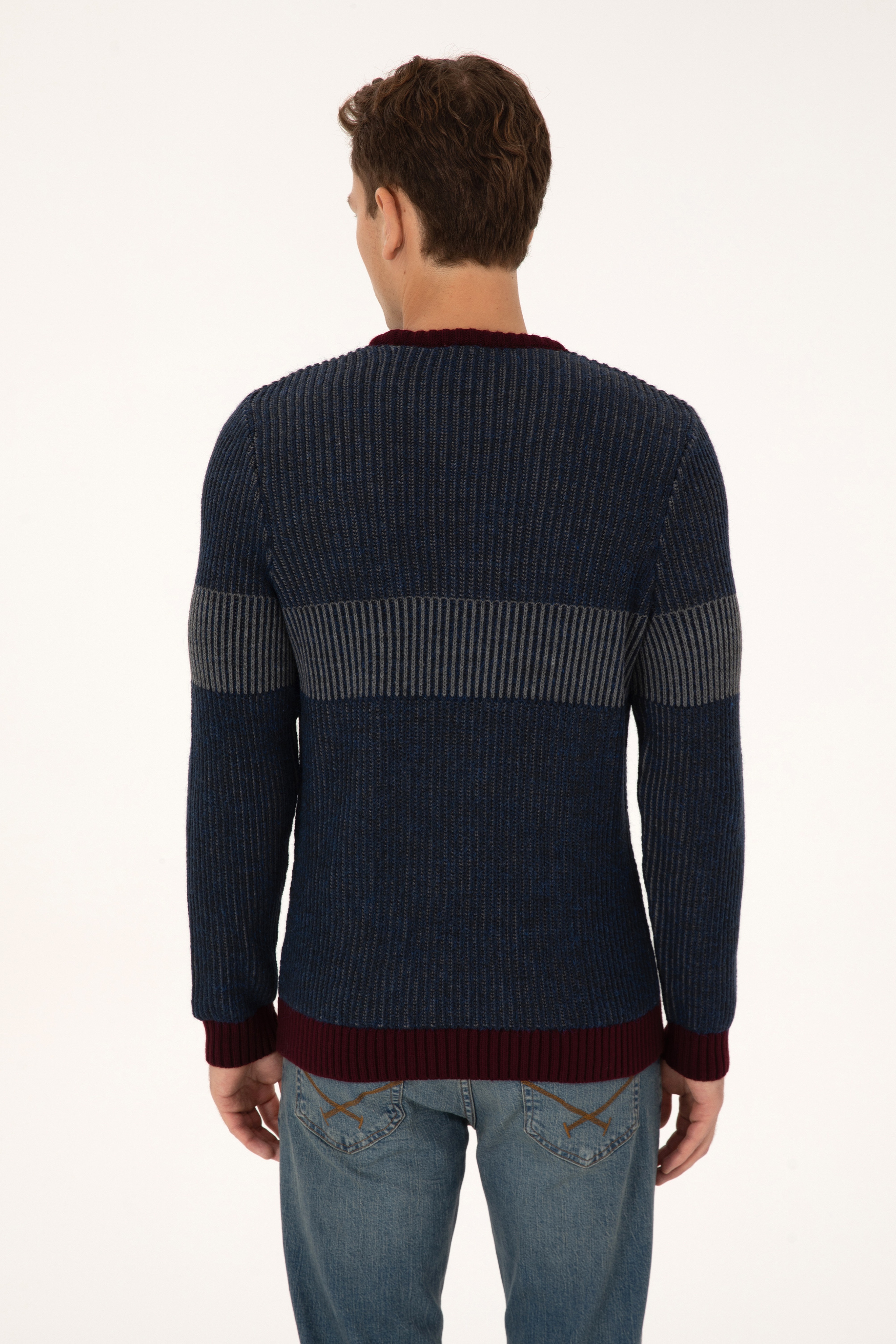Erkek Slim Fit Bisiklet Yaka Lacivert Kazak - Image 5