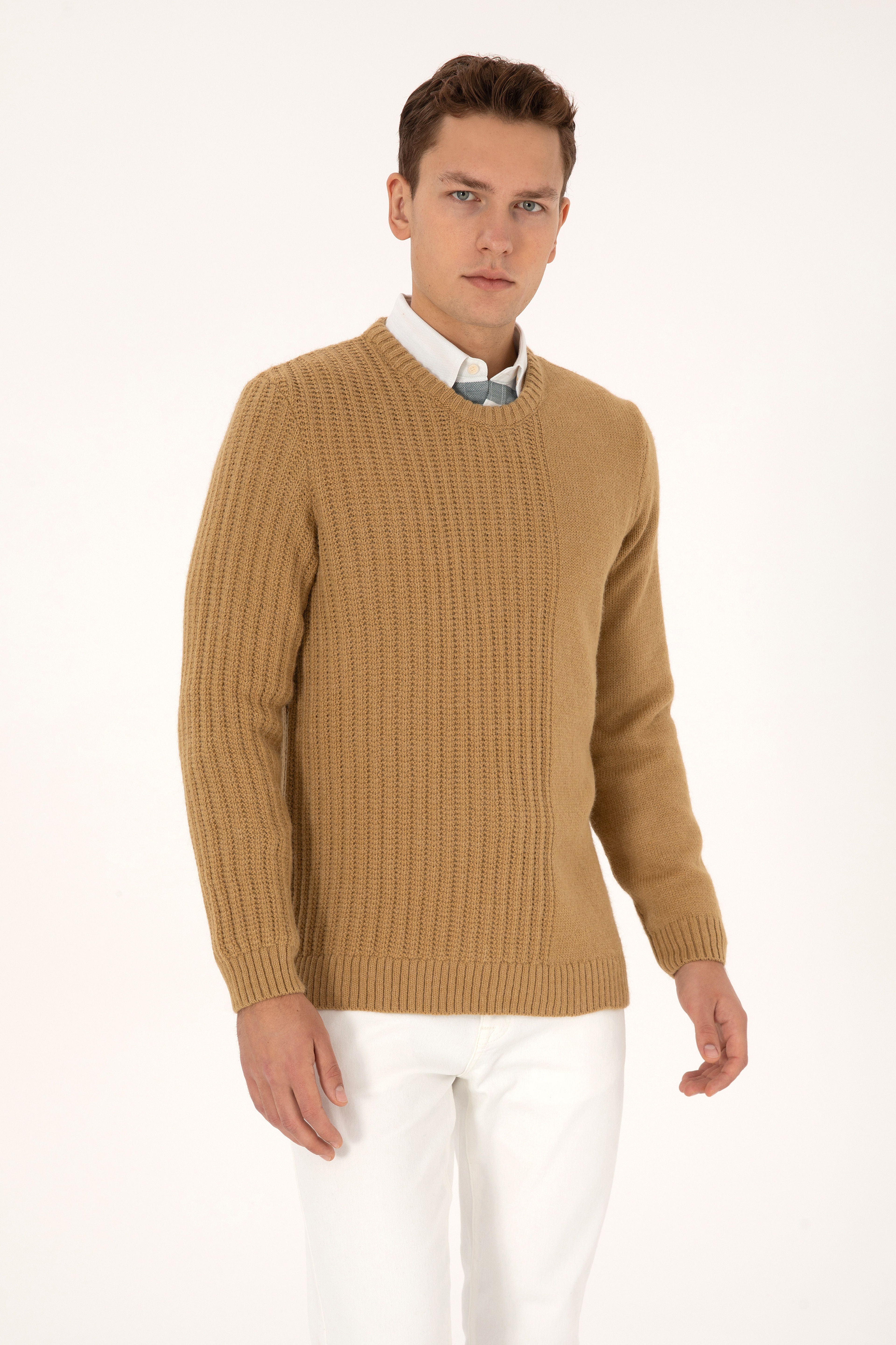 Erkek Comfort Fit Bisiklet Yaka Hardal Kazak