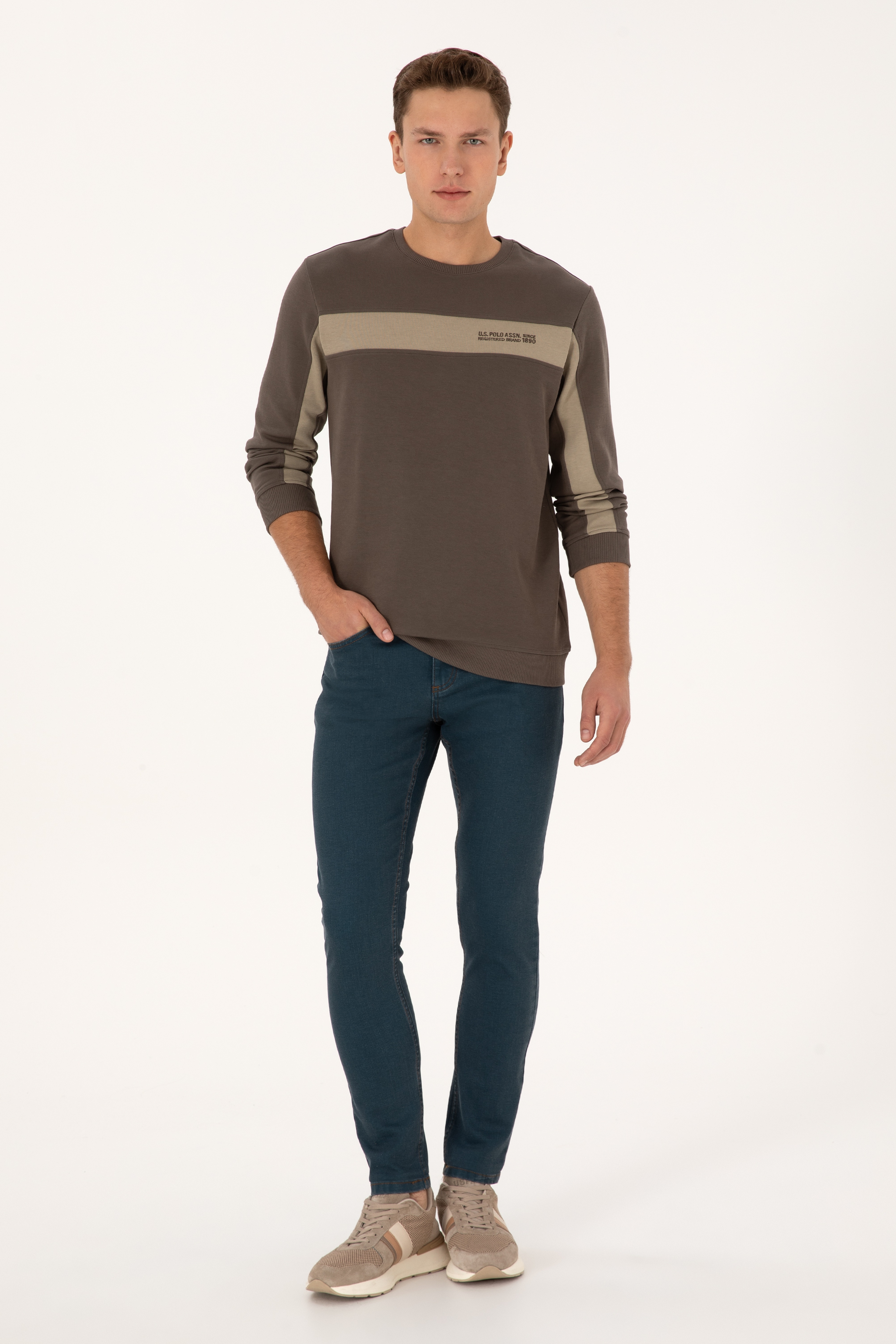 Erkek Regular Fit Bisiklet Yaka Vizon Sweatshirt - Image 4