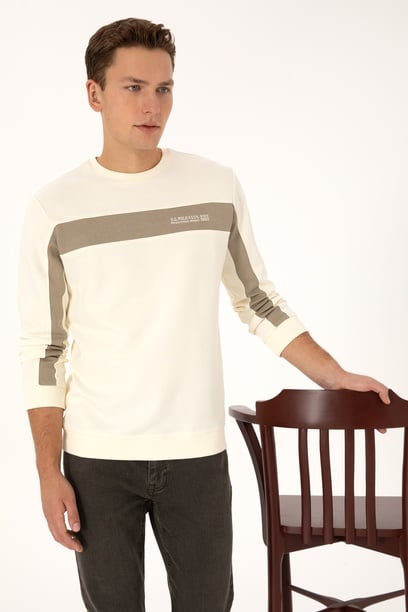 Erkek Regular Fit Bisiklet Yaka Krem Sweatshirt