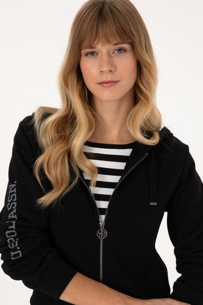 Kadın Siyah Fermuarlı Kapüşonlu Sweatshirt