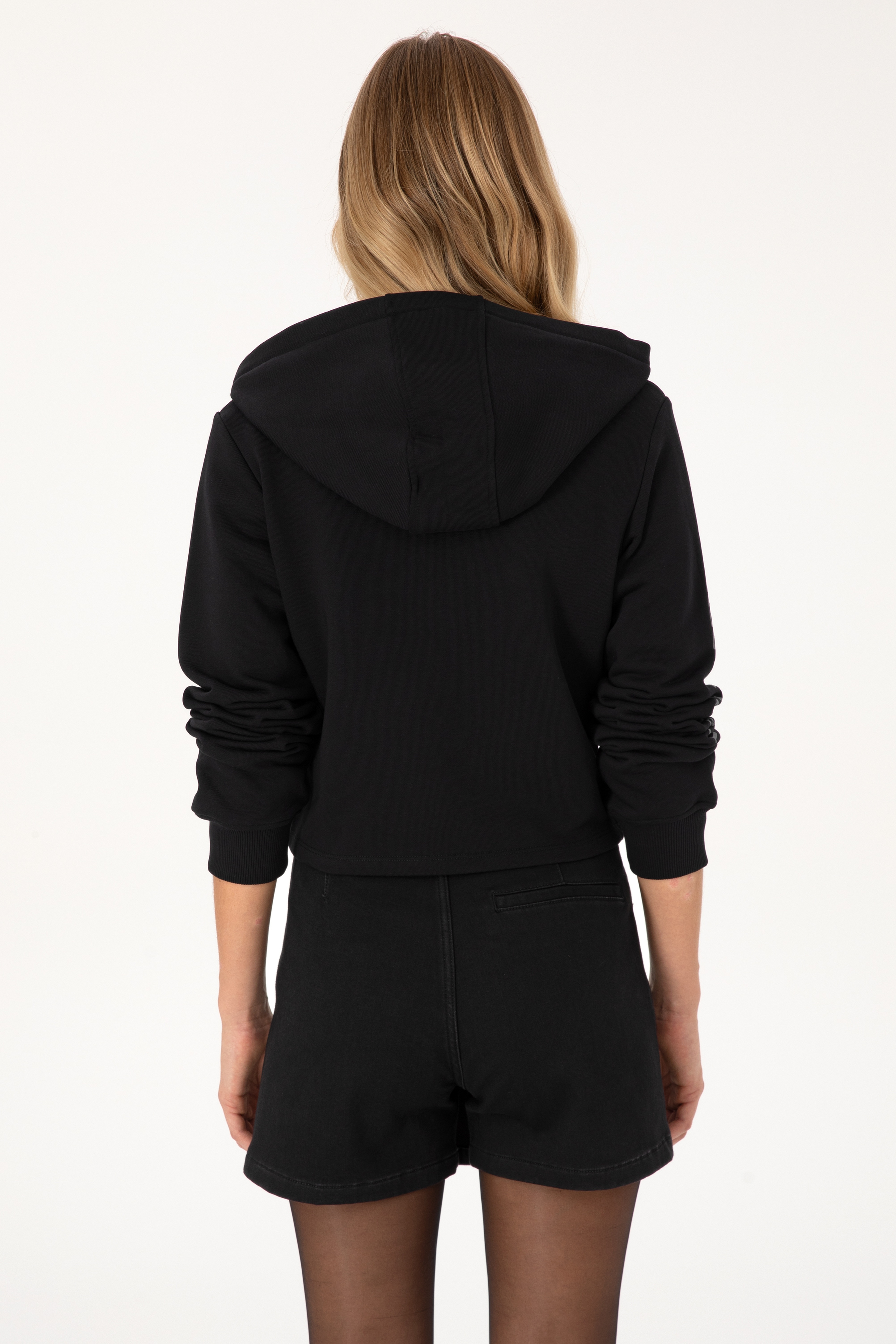 Kadın Siyah Fermuarlı Kapüşonlu Sweatshirt - Image 5