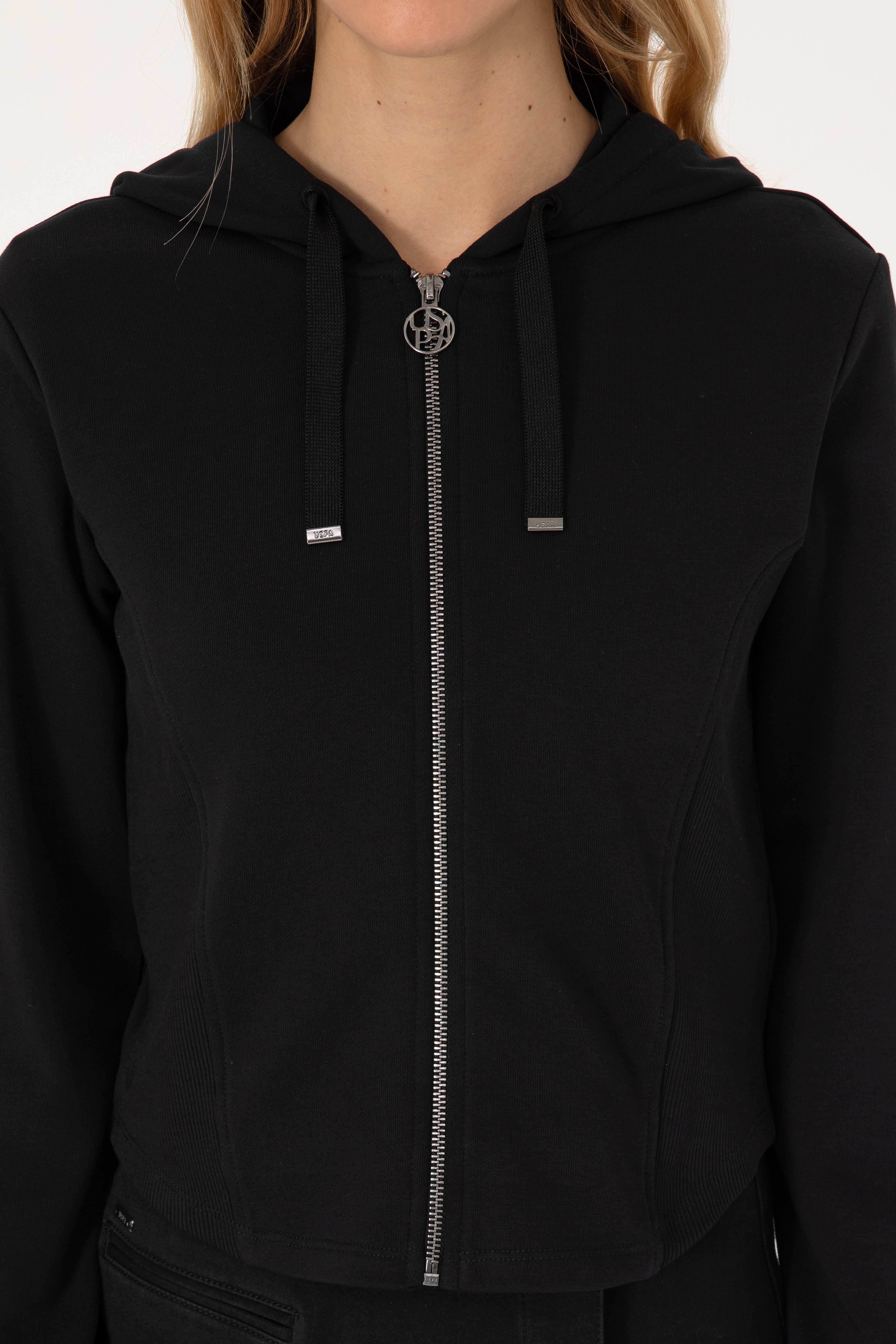 Kadın Siyah Fermuarlı Kapüşonlu Sweatshirt - Image 6