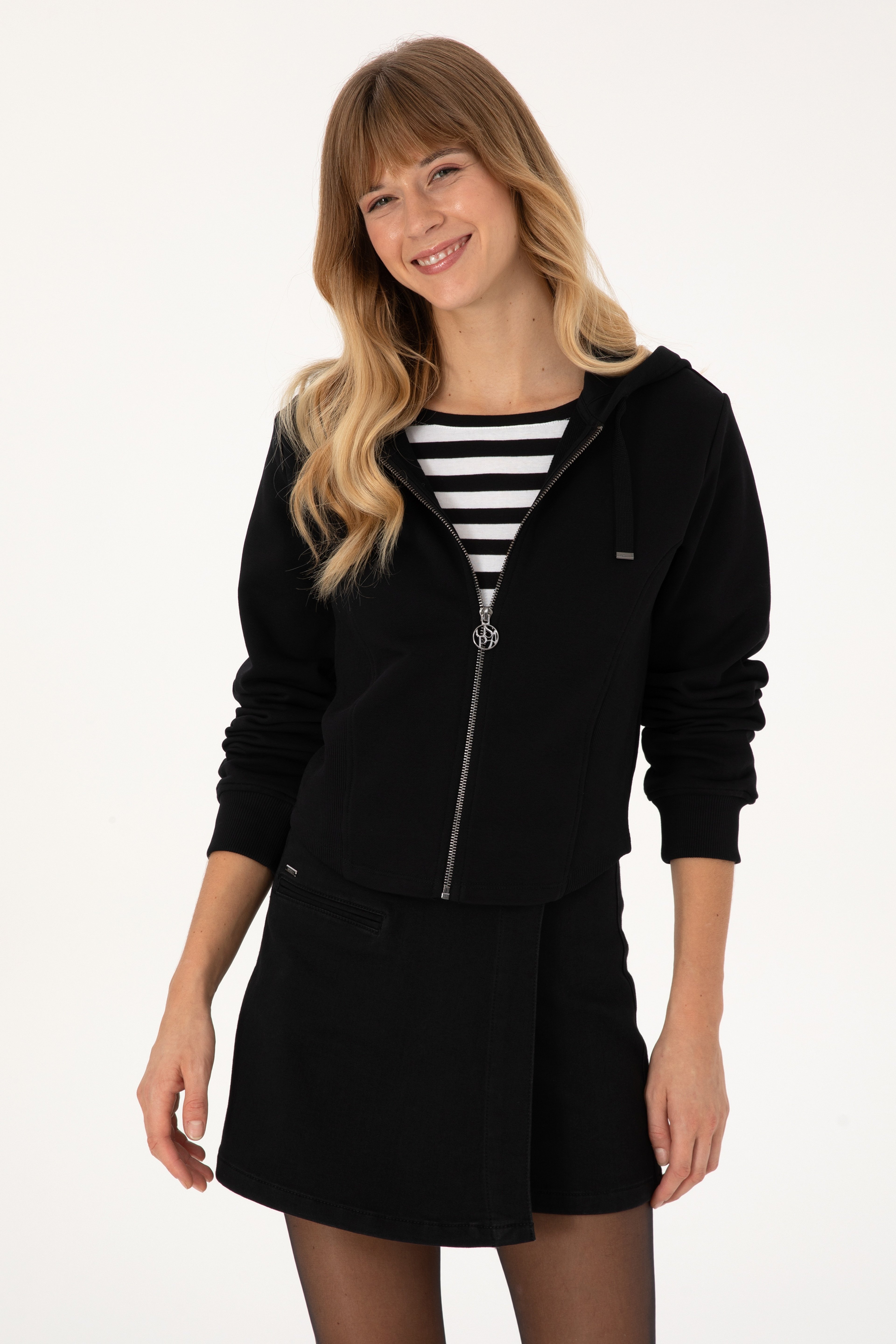 Kadın Siyah Fermuarlı Kapüşonlu Sweatshirt - Image 1