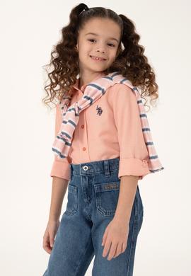 Kız Çocuk Somon Polo Yaka Uzun Kollu Gömlek - 50289206041