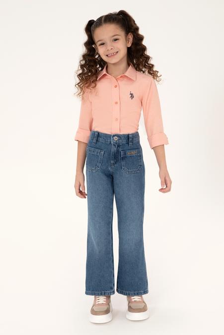 Kız Çocuk Somon Polo Yaka Uzun Kollu Gömlek
