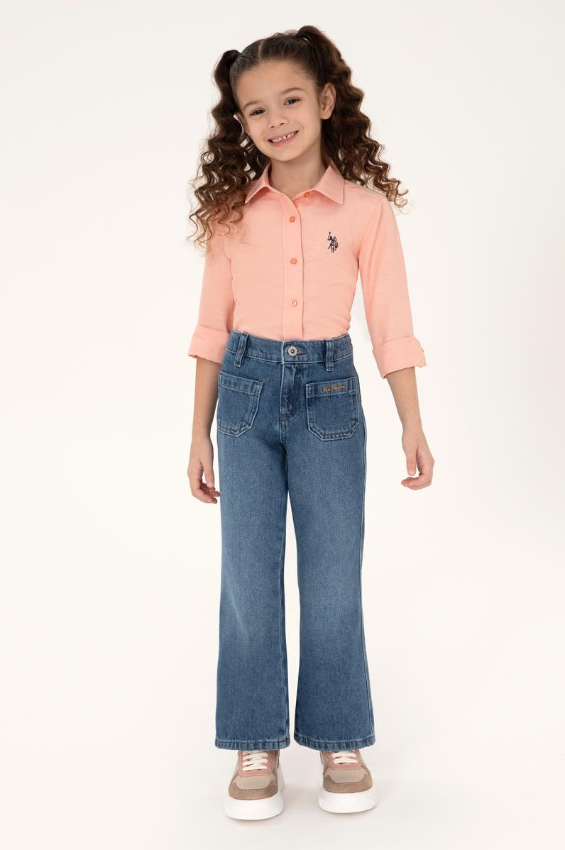 Kız Çocuk Somon Polo Yaka Uzun Kollu Gömlek