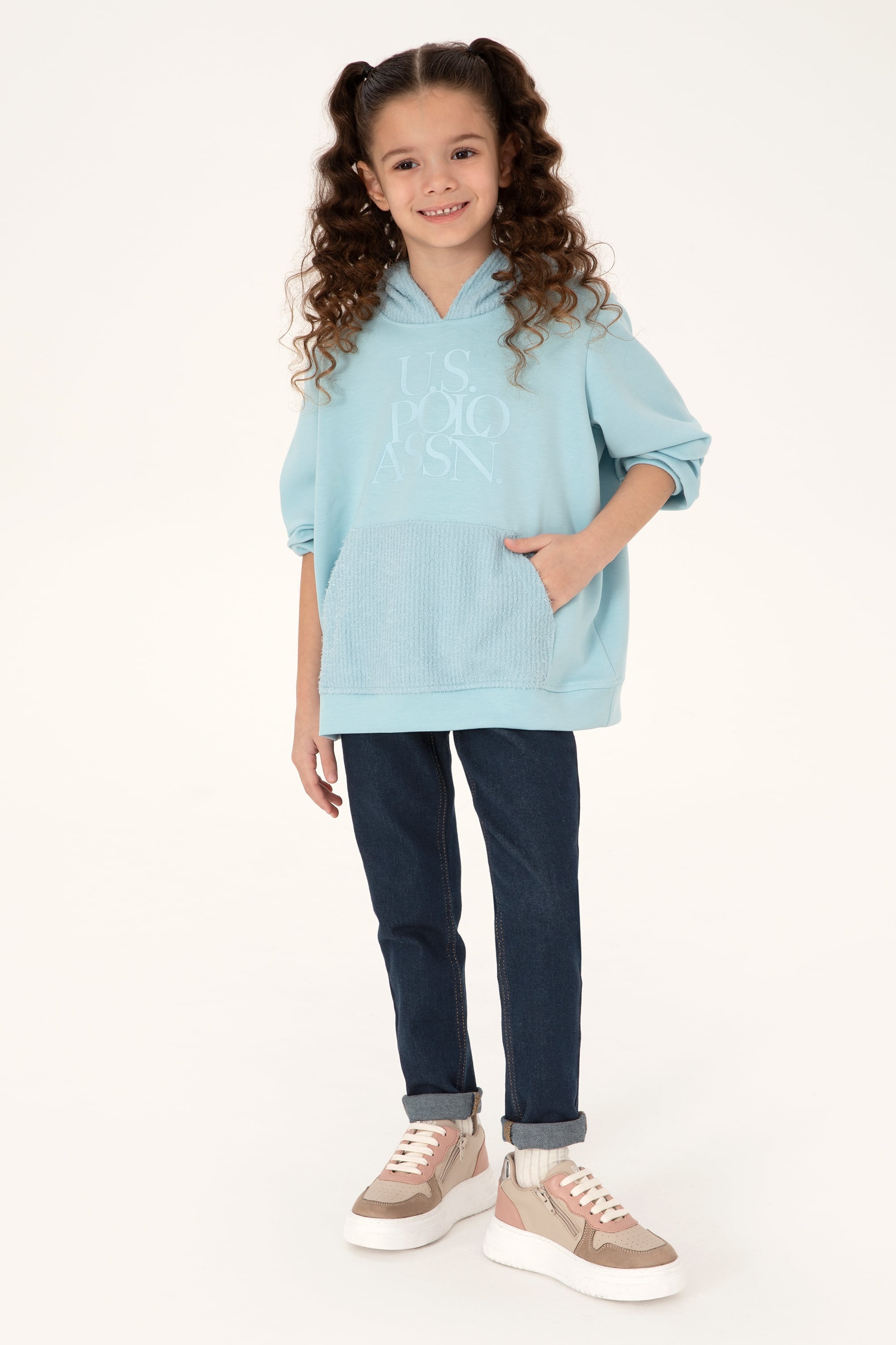 Kız Çocuk Su Yeşili Kapüşonlu Sweatshirt - Image 2