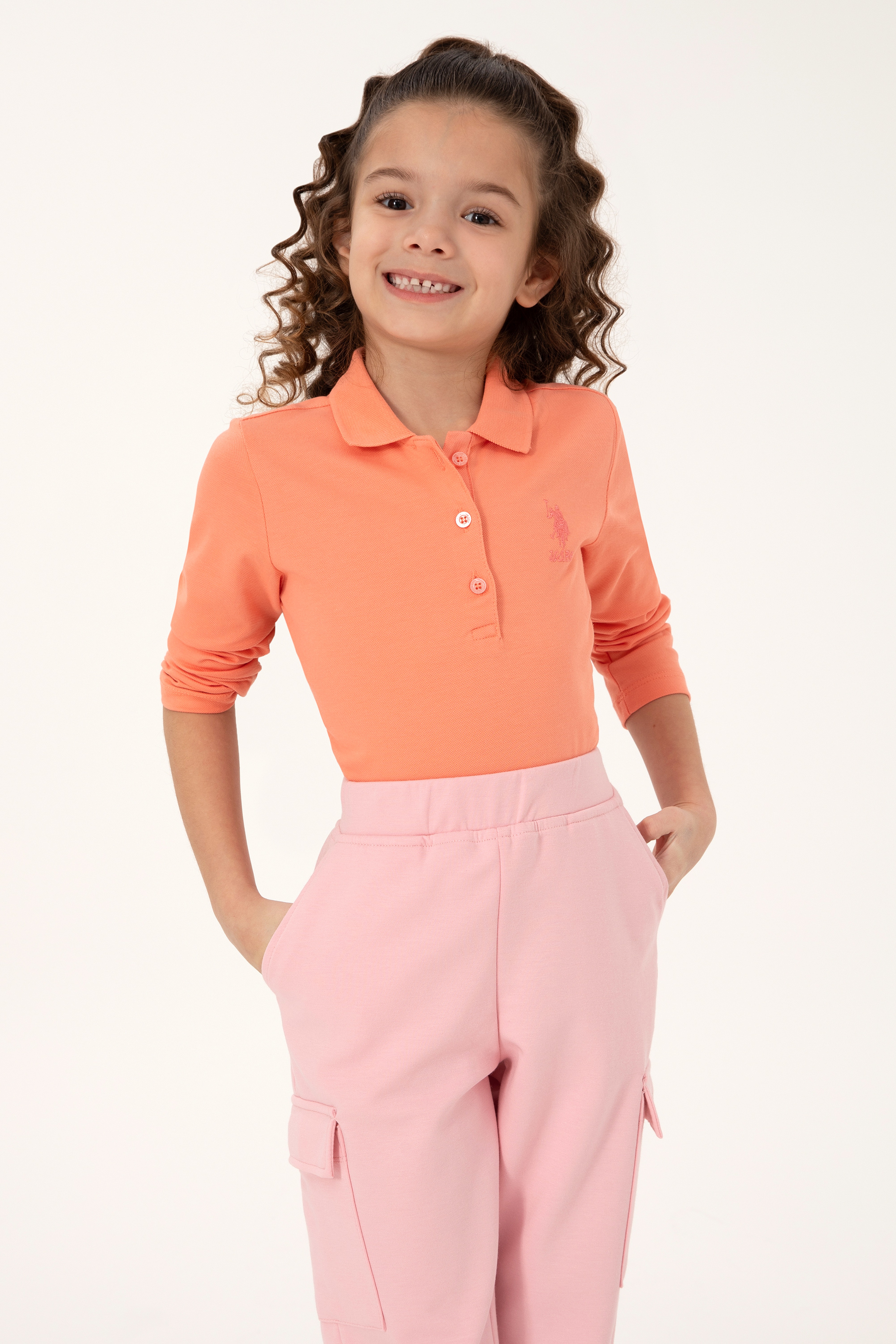 Kız Çocuk Somon Polo Yaka Basic Sweatshirt
