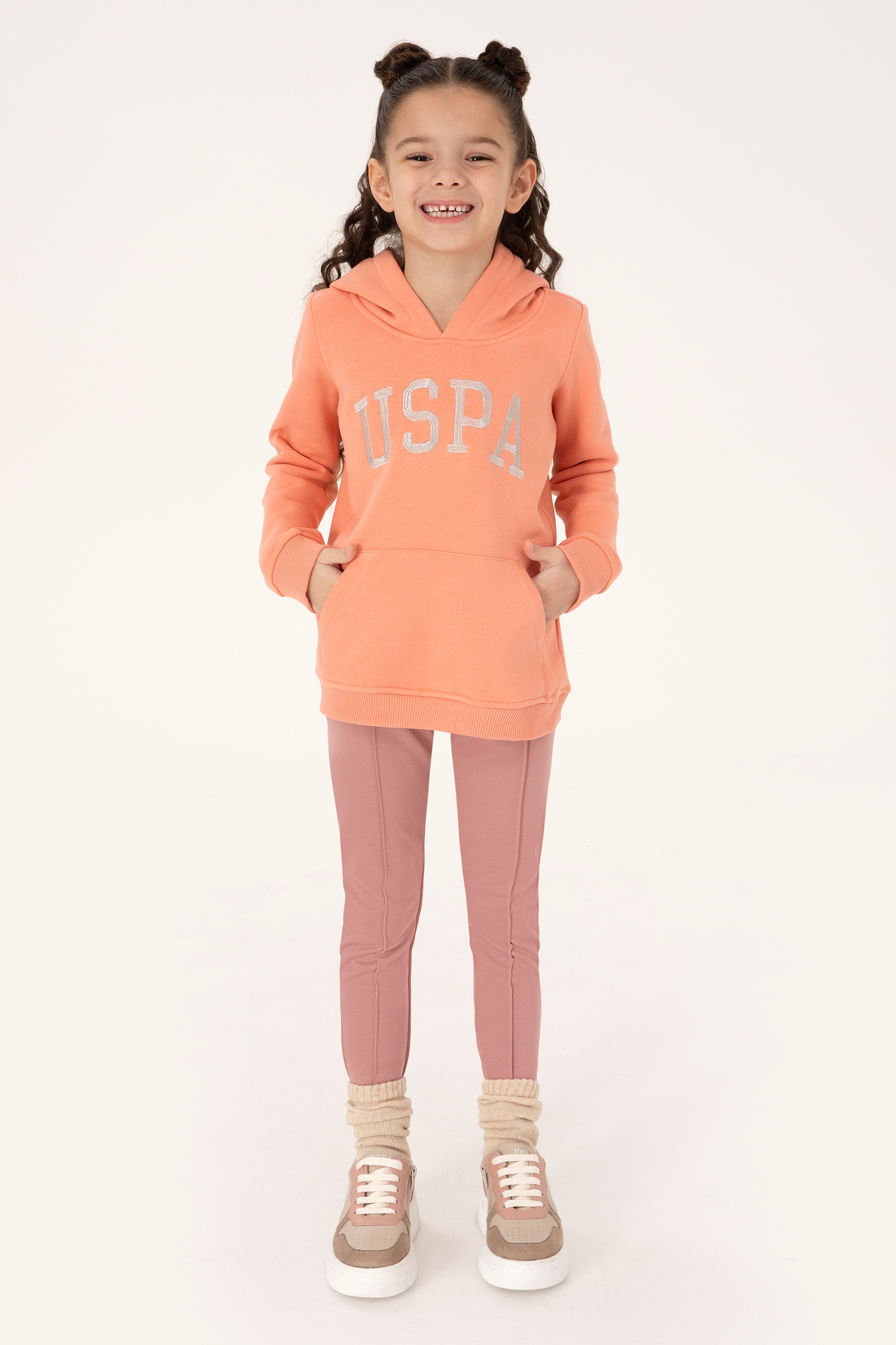 Kız Çocuk Somon Kapüşonlu Basic Sweatshirt - Image 2