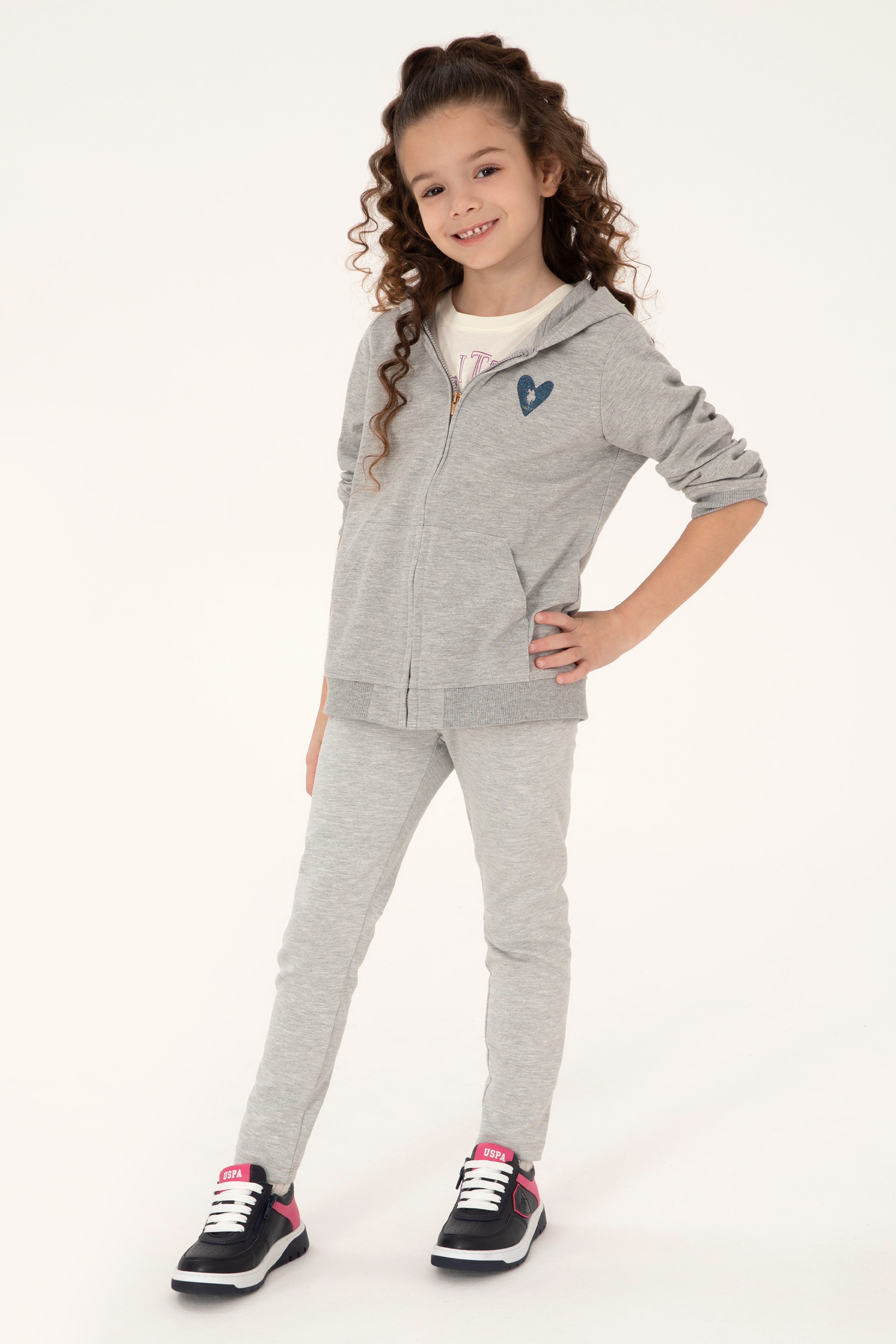 Kız Çocuk Açık Gri Melanj Fermuarlı Basic Sweatshirt - Image 2