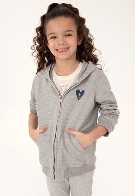 Kız Çocuk Açık Gri Melanj Fermuarlı Basic Sweatshirt - 50296390082