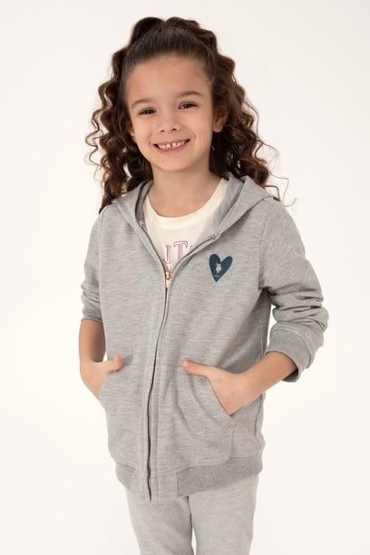 Kız Çocuk Açık Gri Melanj Fermuarlı Basic Sweatshirt