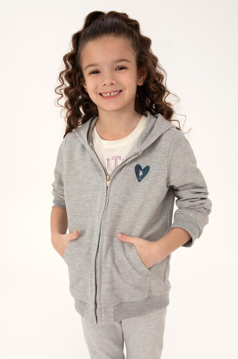 Kız Çocuk Açık Gri Melanj Fermuarlı Basic Sweatshirt