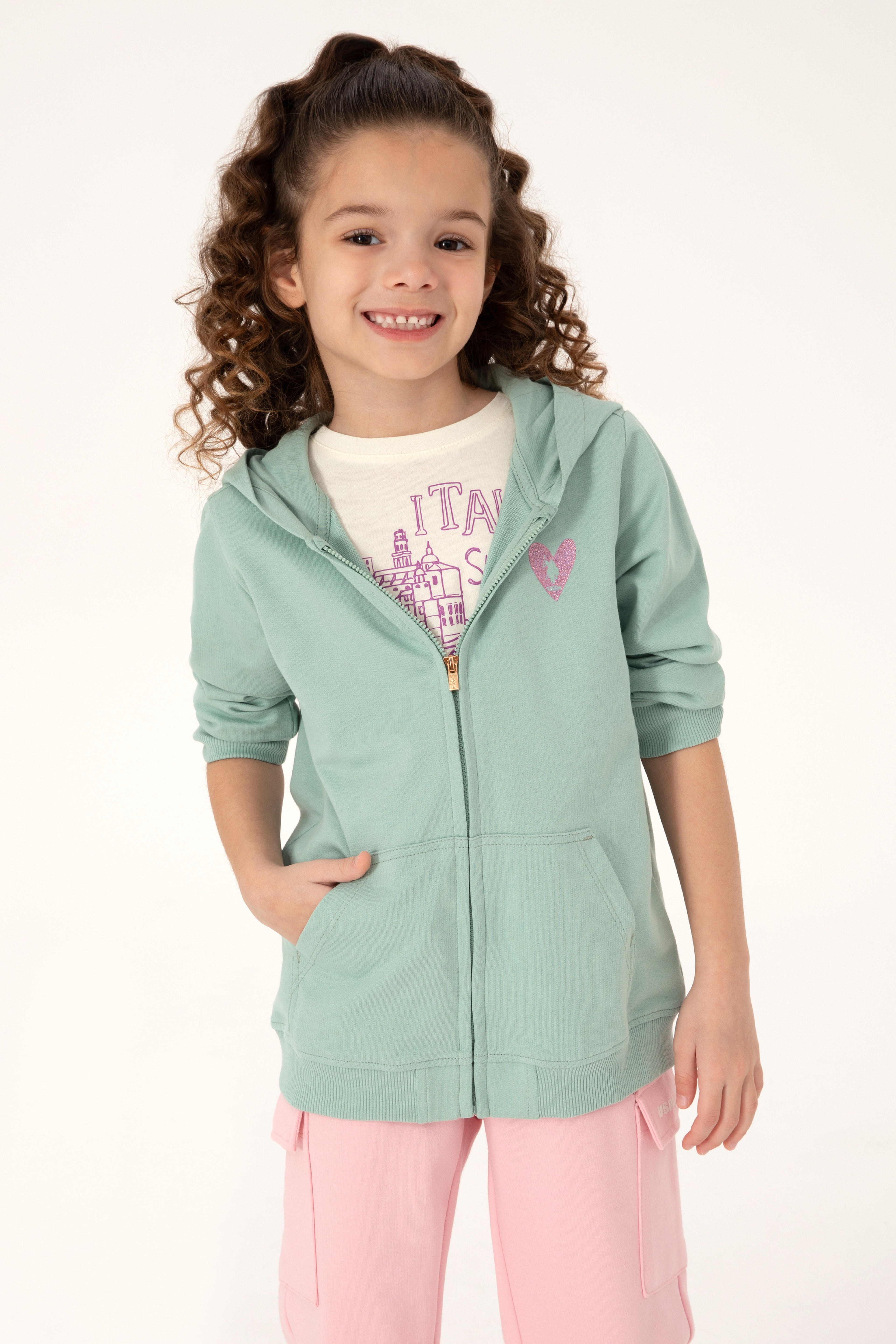 Kız Çocuk Su Yeşili Fermuarlı Basic Sweatshirt - Image 1