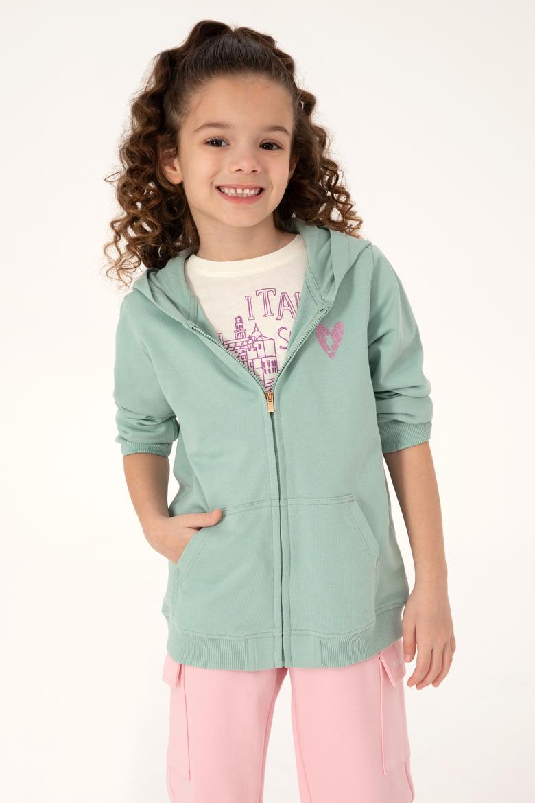 Kız Çocuk Su Yeşili Fermuarlı Basic Sweatshirt