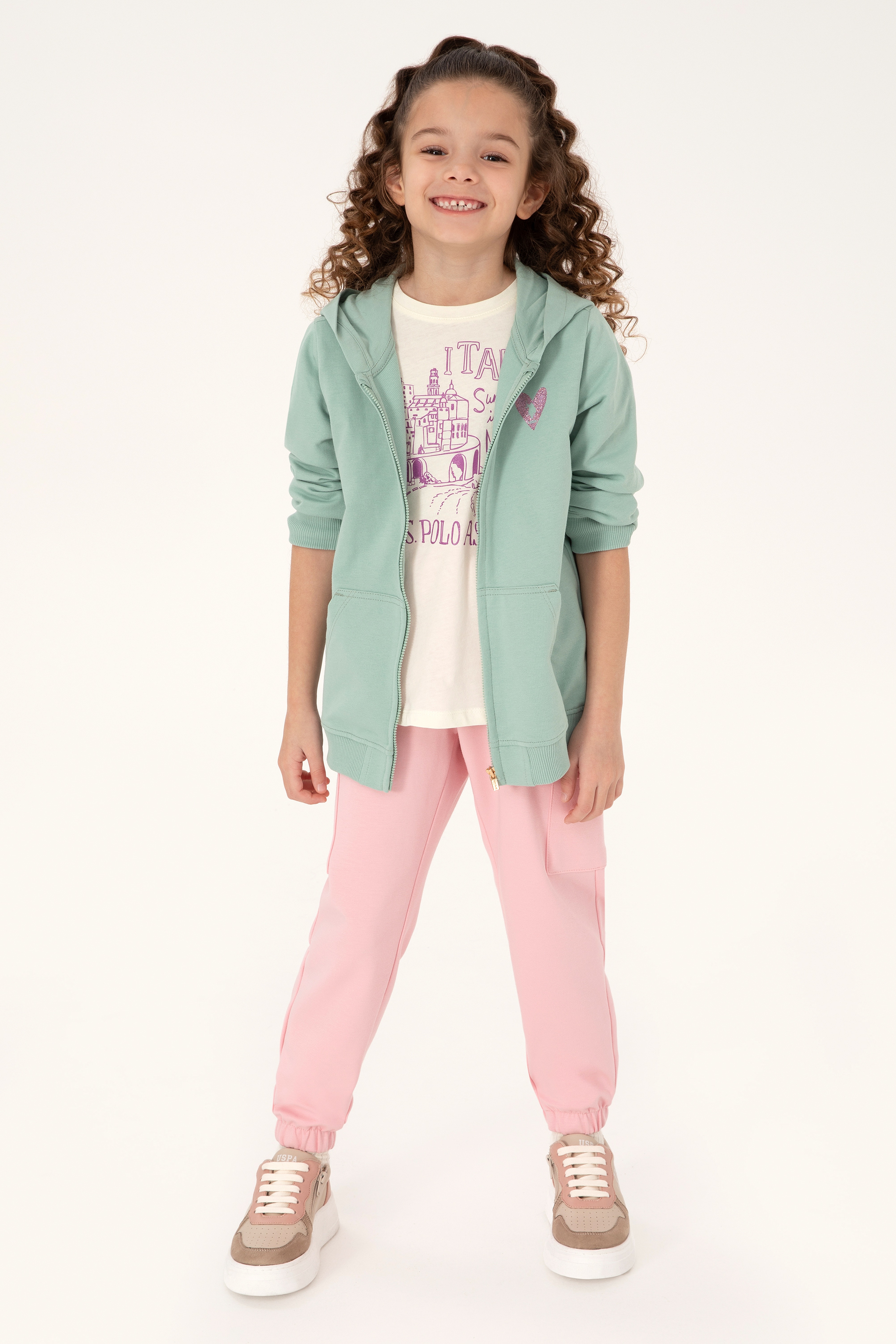 Kız Çocuk Su Yeşili Fermuarlı Basic Sweatshirt - Image 2