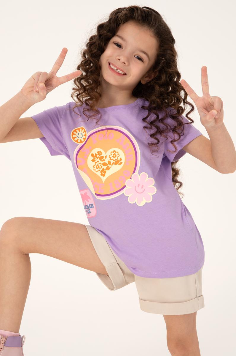 Kız Çocuk Lila Bisiklet Yaka Baskılı Pamuk Tişört