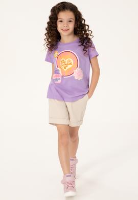 Kız Çocuk Lila Bisiklet Yaka Baskılı Pamuk Tişört - 50306214009