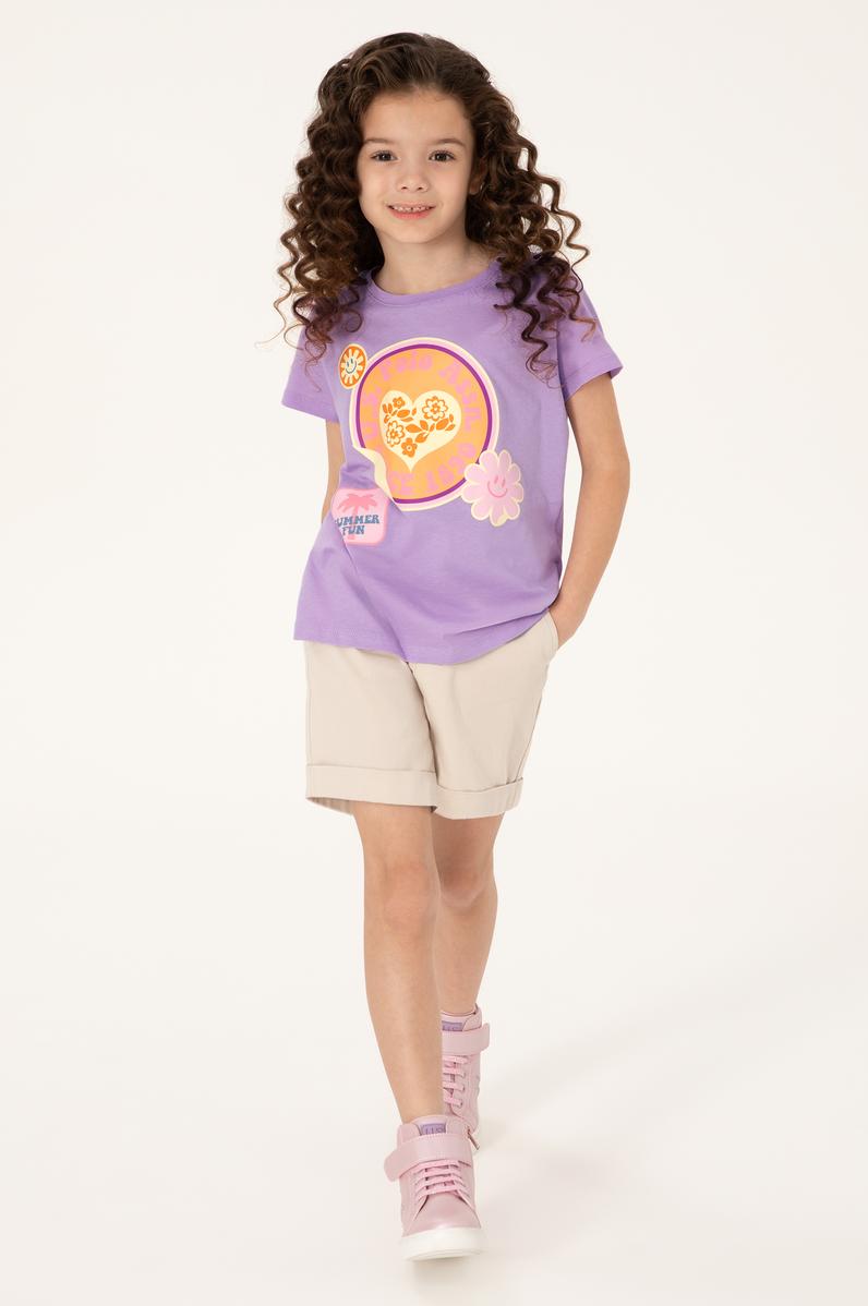 Kız Çocuk Lila Bisiklet Yaka Baskılı Pamuk Tişört