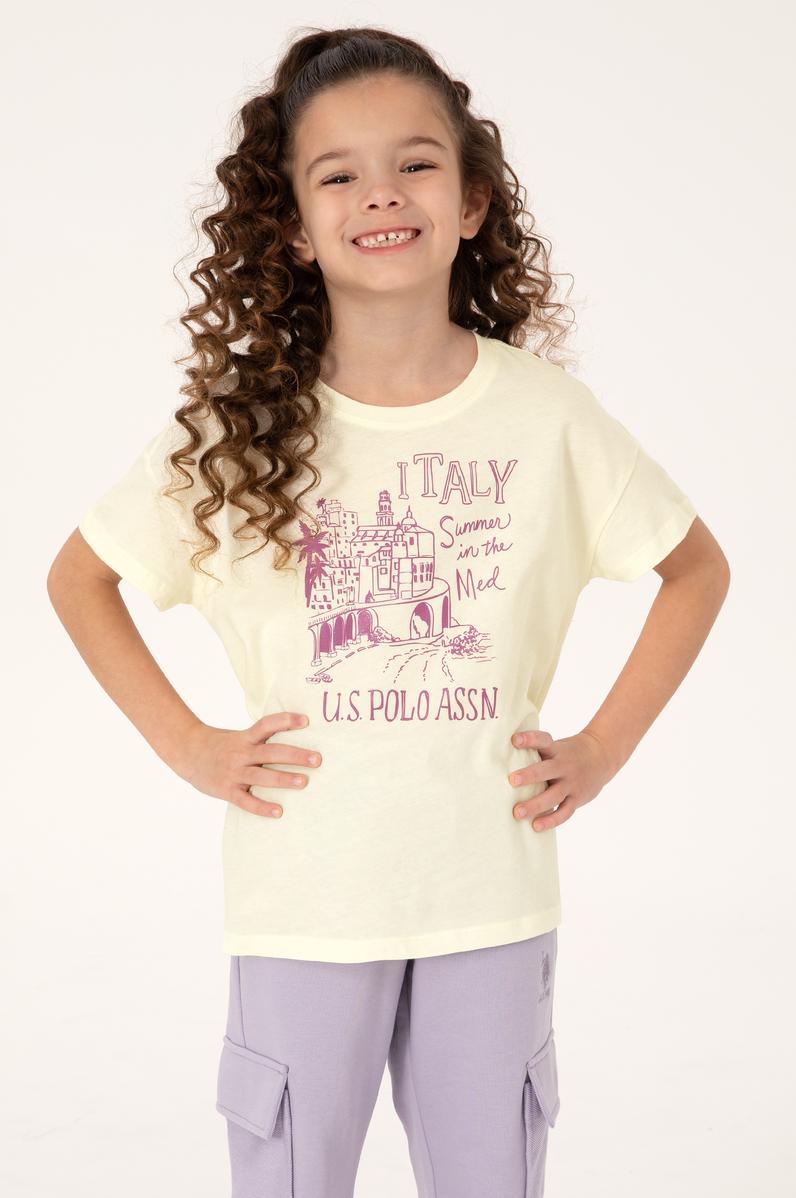 Kız Çocuk Krem Bisiklet Yaka Baskılı Pamuk Tişört