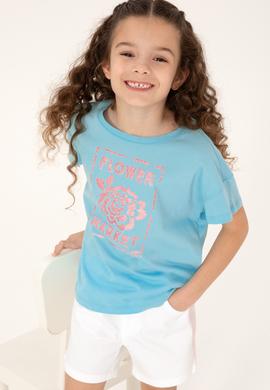 Kız Çocuk Aqua Bisiklet Yaka Çiçek Baskılı Pamuk Tişört - 50306167005