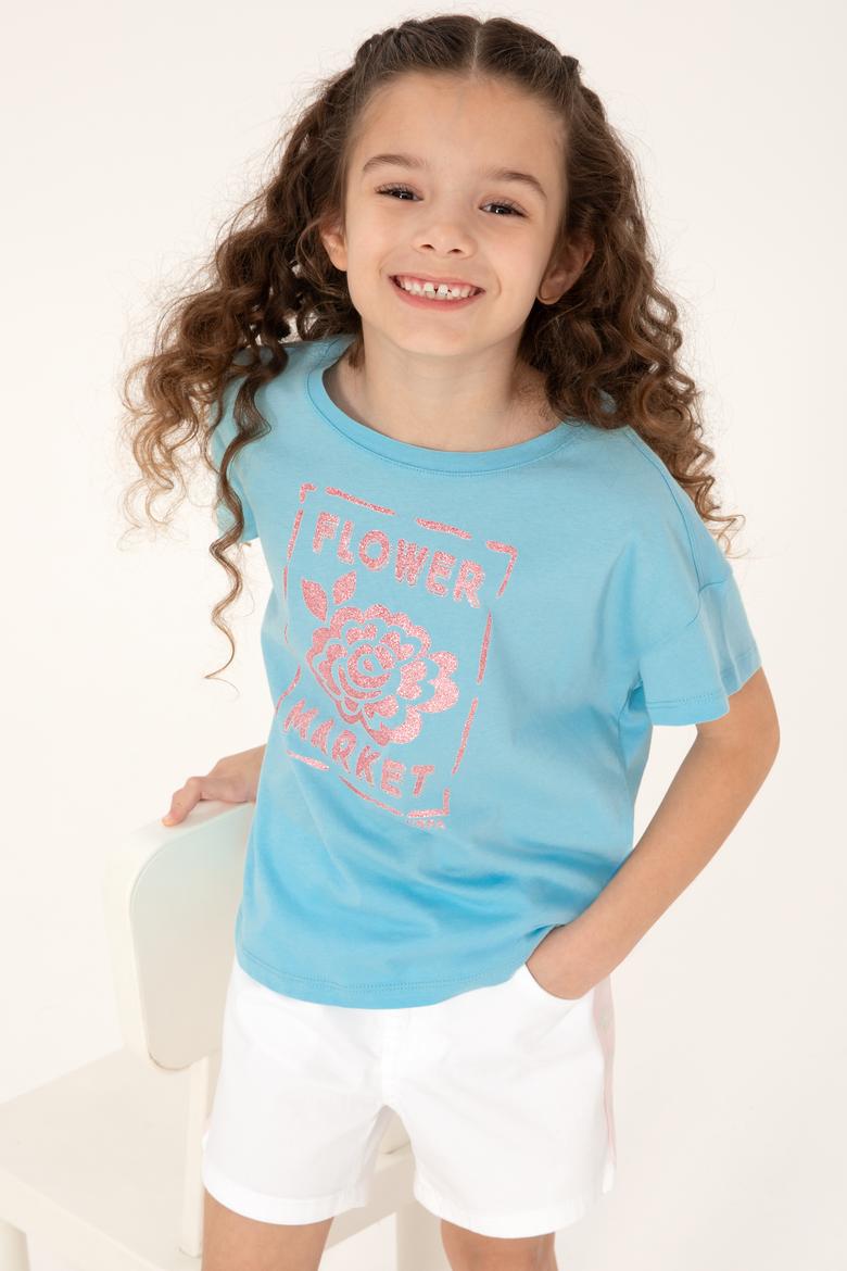 Kız Çocuk Aqua Bisiklet Yaka Çiçek Baskılı Pamuk Tişört