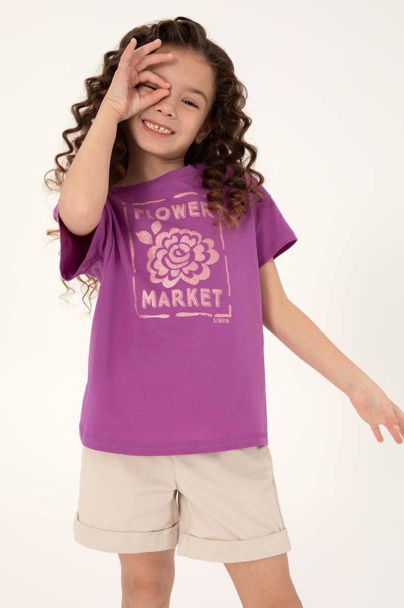 Kız Çocuk Menekşe Bisiklet Yaka Çiçek Baskılı Pamuk Tişört