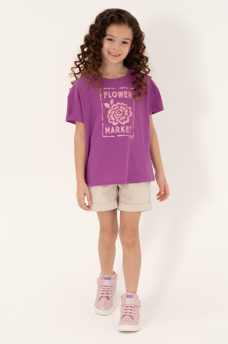 Kız Çocuk Menekşe Bisiklet Yaka Çiçek Baskılı Pamuk Tişört