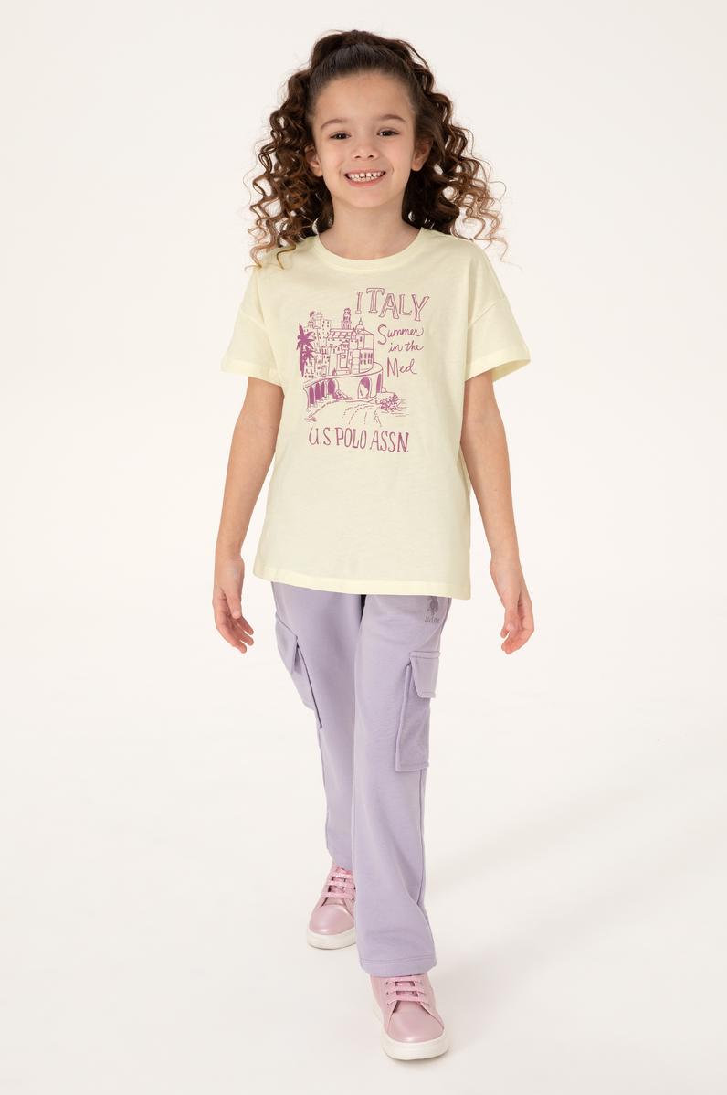 Kız Çocuk Krem Bisiklet Yaka Baskılı Pamuk Tişört