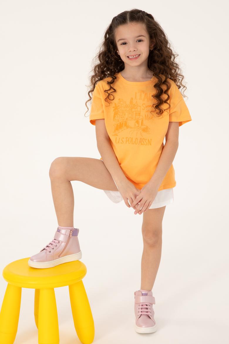 Kız Çocuk Turuncu Bisiklet Yaka Baskılı Pamuk Tişört - 50306178013