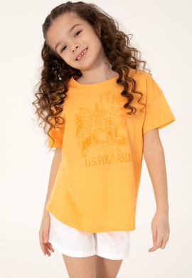 Kız Çocuk Turuncu Bisiklet Yaka Baskılı Pamuk Tişört - 50306178013