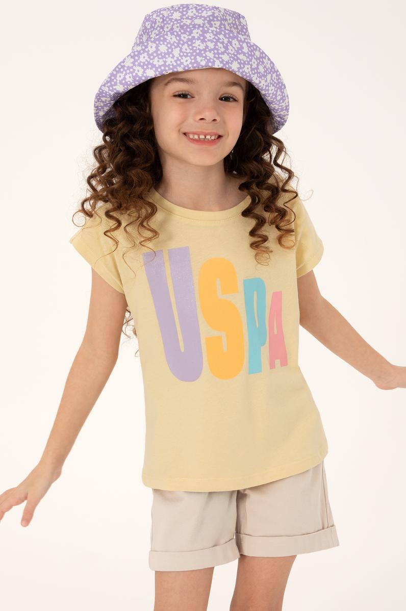 Kız Çocuk Açık Haki Bisiklet Yaka Pamuk Renkli Uspa Baskılı Tişört