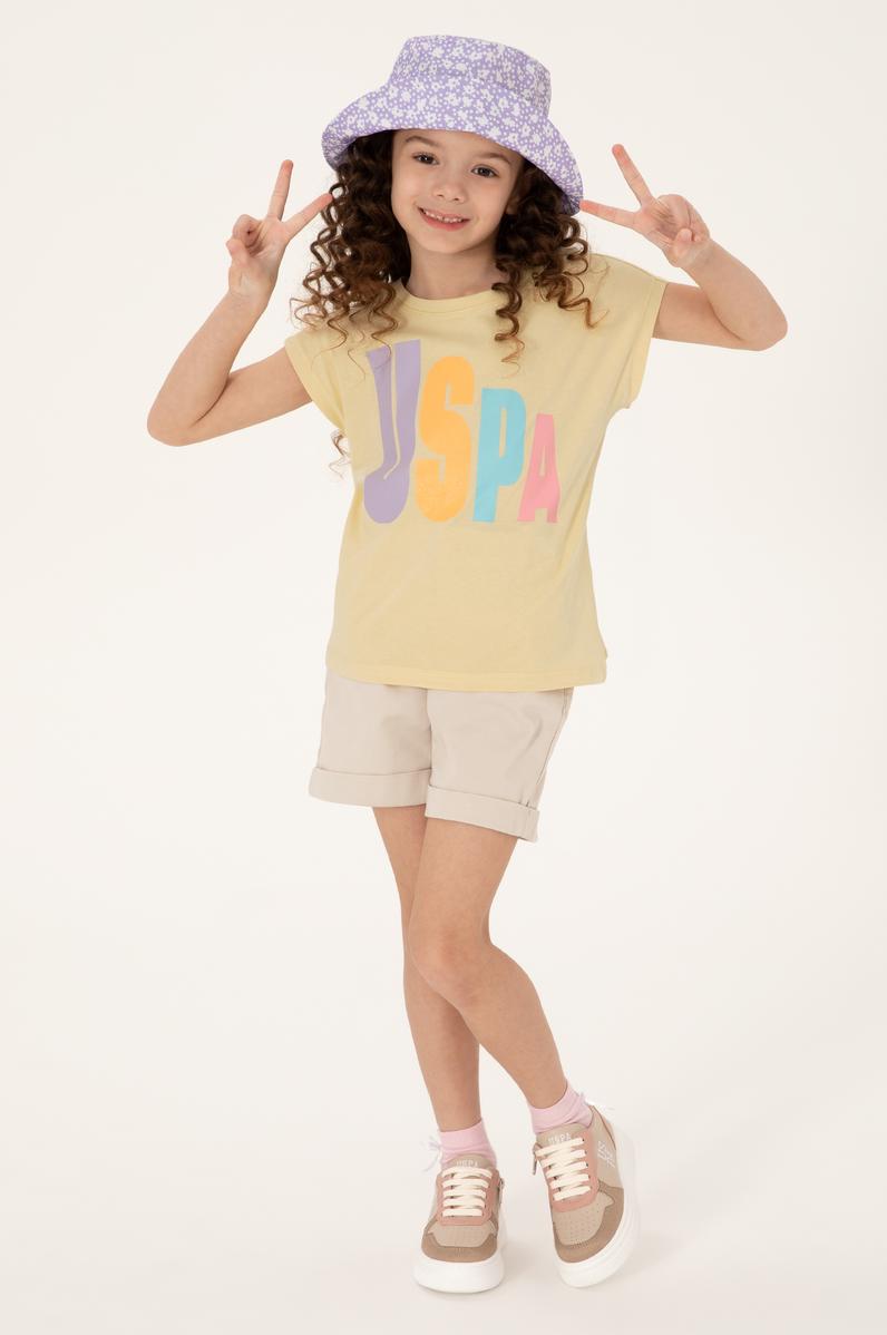 Kız Çocuk Açık Haki Bisiklet Yaka Pamuk Renkli Uspa Baskılı Tişört