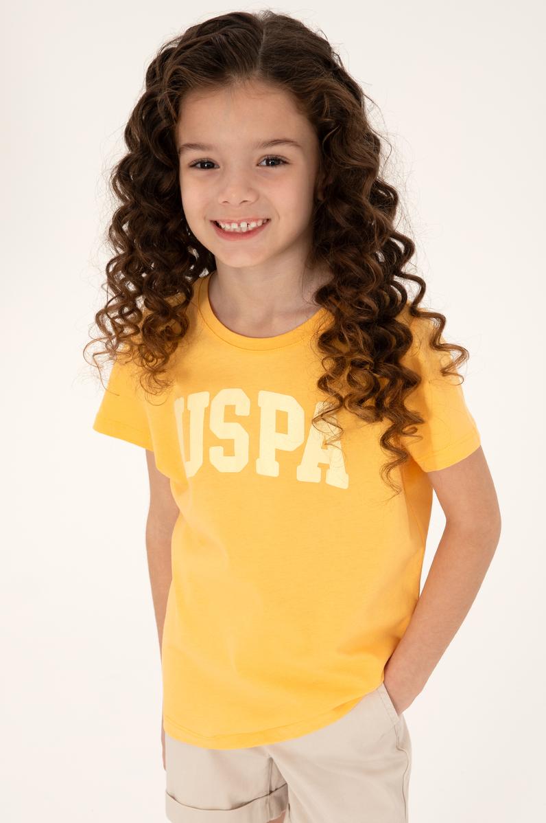 Kız Çocuk Turuncu Bisiklet Yaka Pamuk Simli Uspa Baskılı Basic Tişört