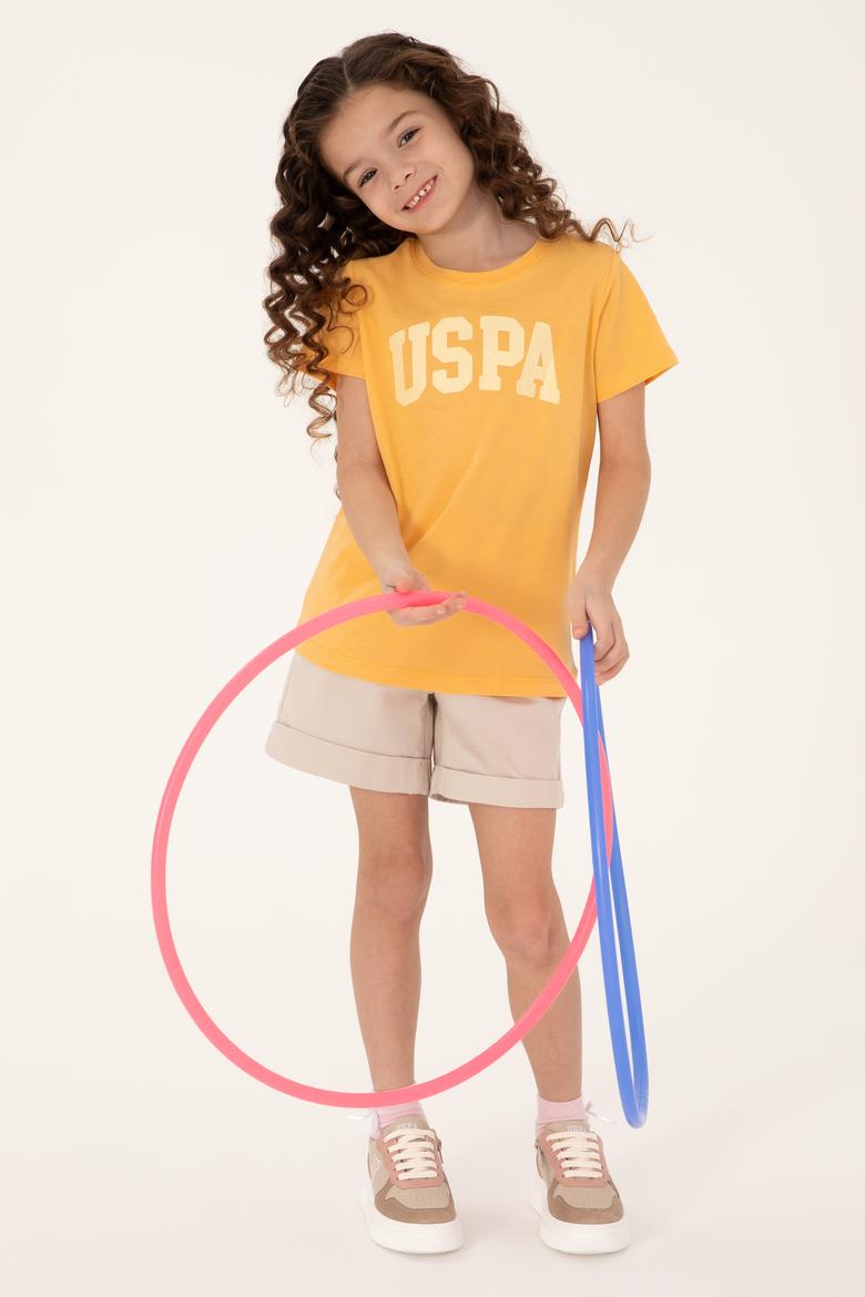 Kız Çocuk Turuncu Bisiklet Yaka Pamuk Simli Uspa Baskılı Basic Tişört - 50306042126