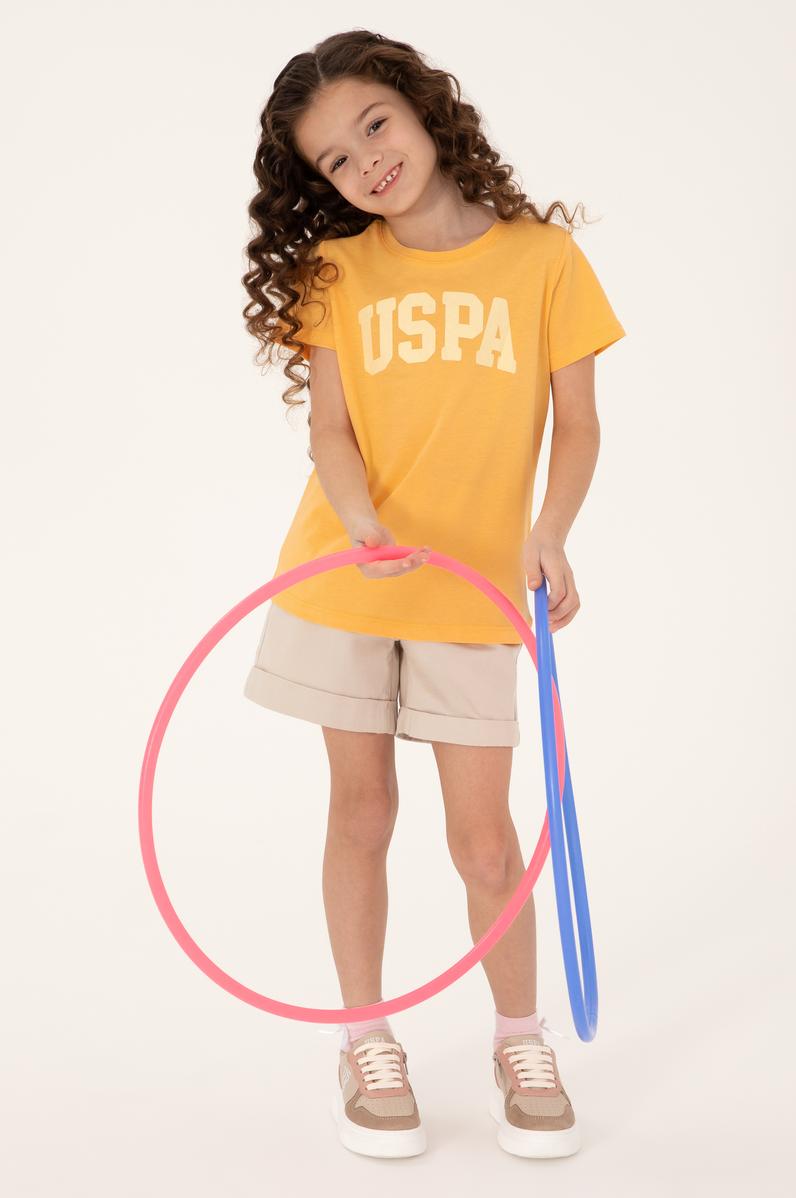 Kız Çocuk Turuncu Bisiklet Yaka Pamuk Simli Uspa Baskılı Basic Tişört